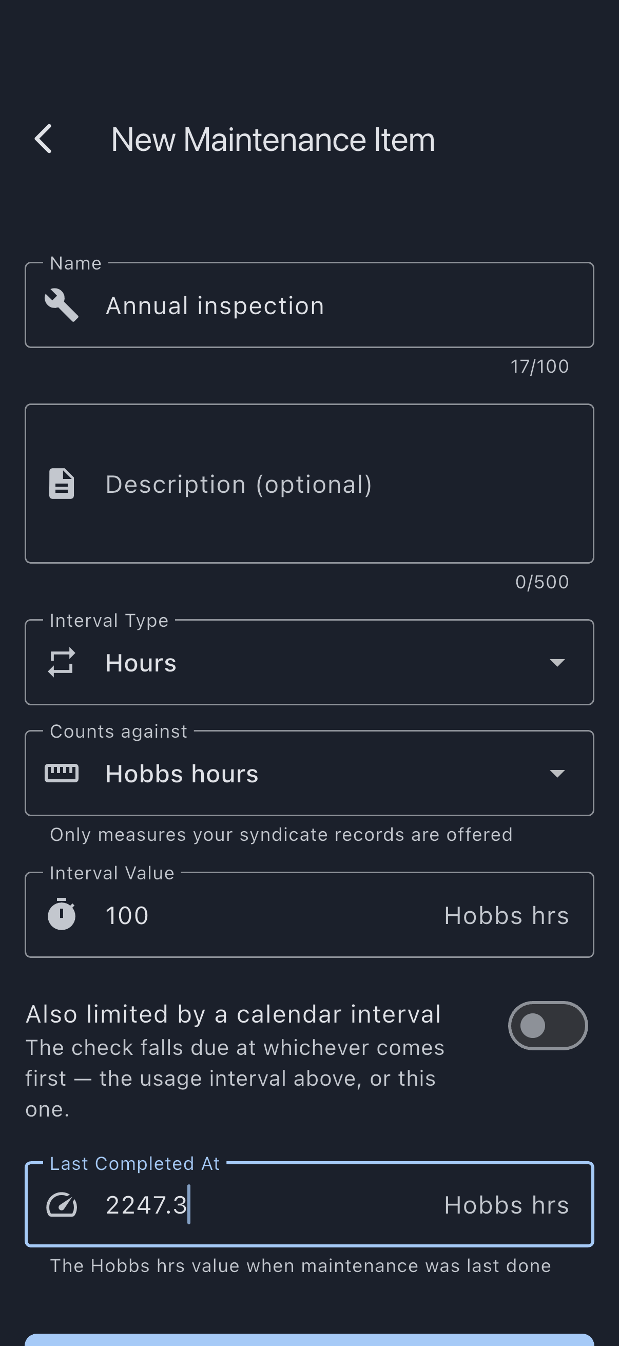 The Create Maintenance Item form with a name, the interval type set to hours, an interval value, and the meter reading at last completion