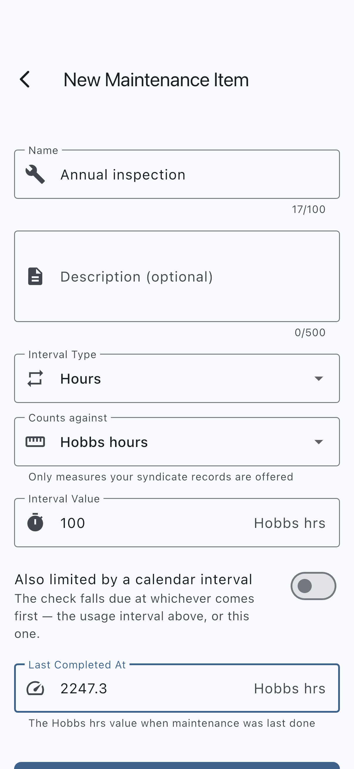 The Create Maintenance Item form with a name, the interval type set to hours, an interval value, and the meter reading at last completion