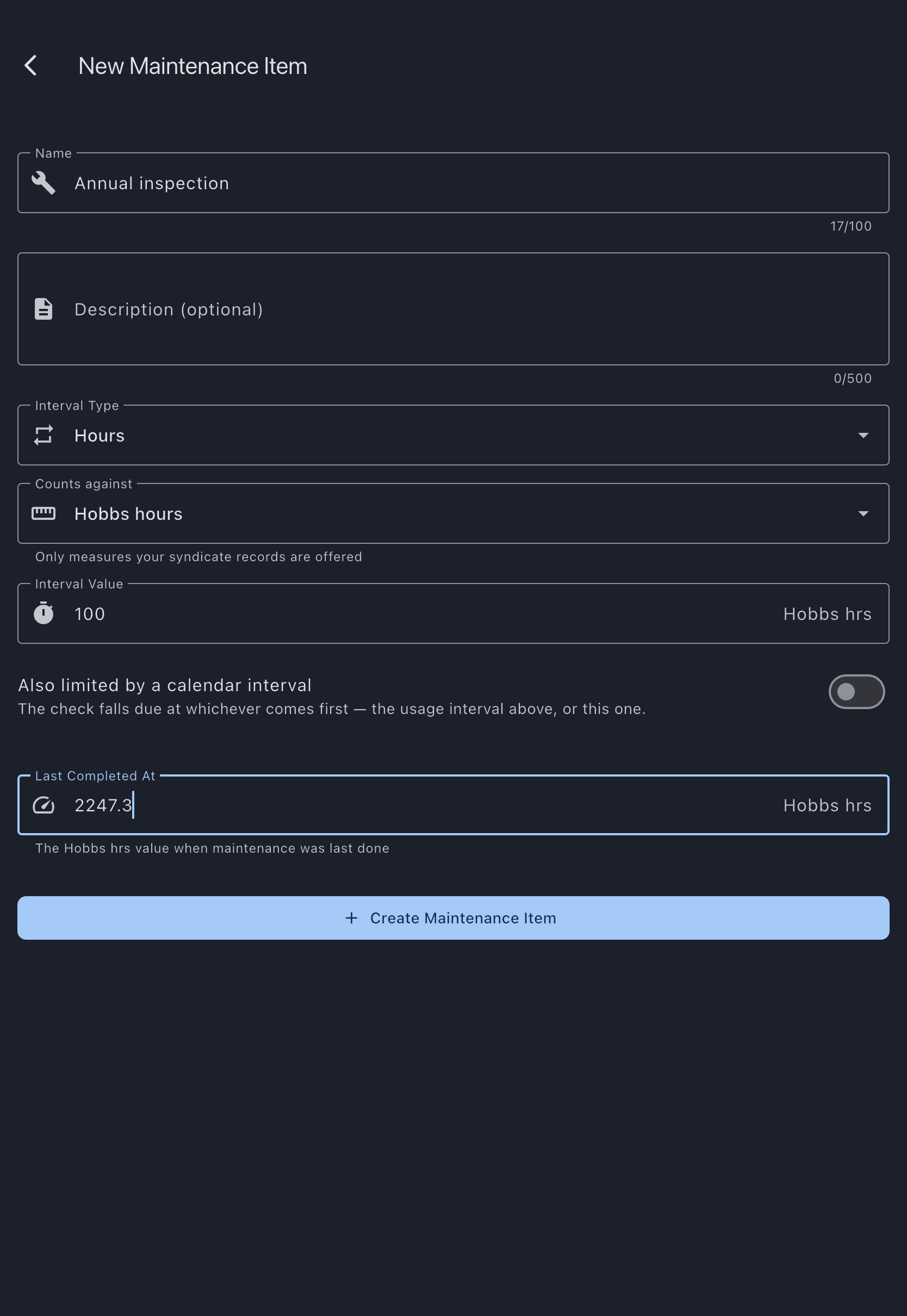 The Create Maintenance Item form with a name, the interval type set to hours, an interval value, and the meter reading at last completion