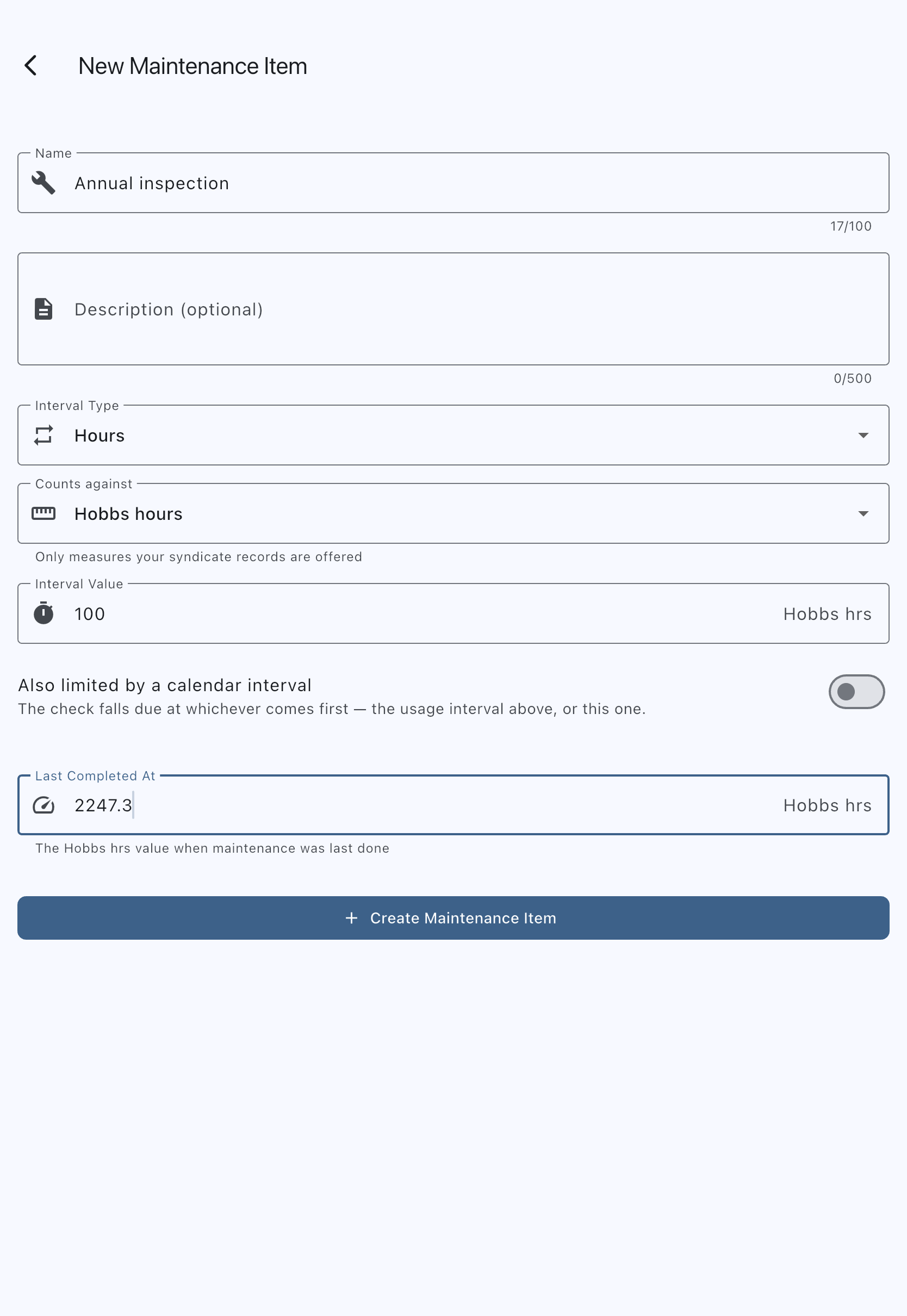 The Create Maintenance Item form with a name, the interval type set to hours, an interval value, and the meter reading at last completion