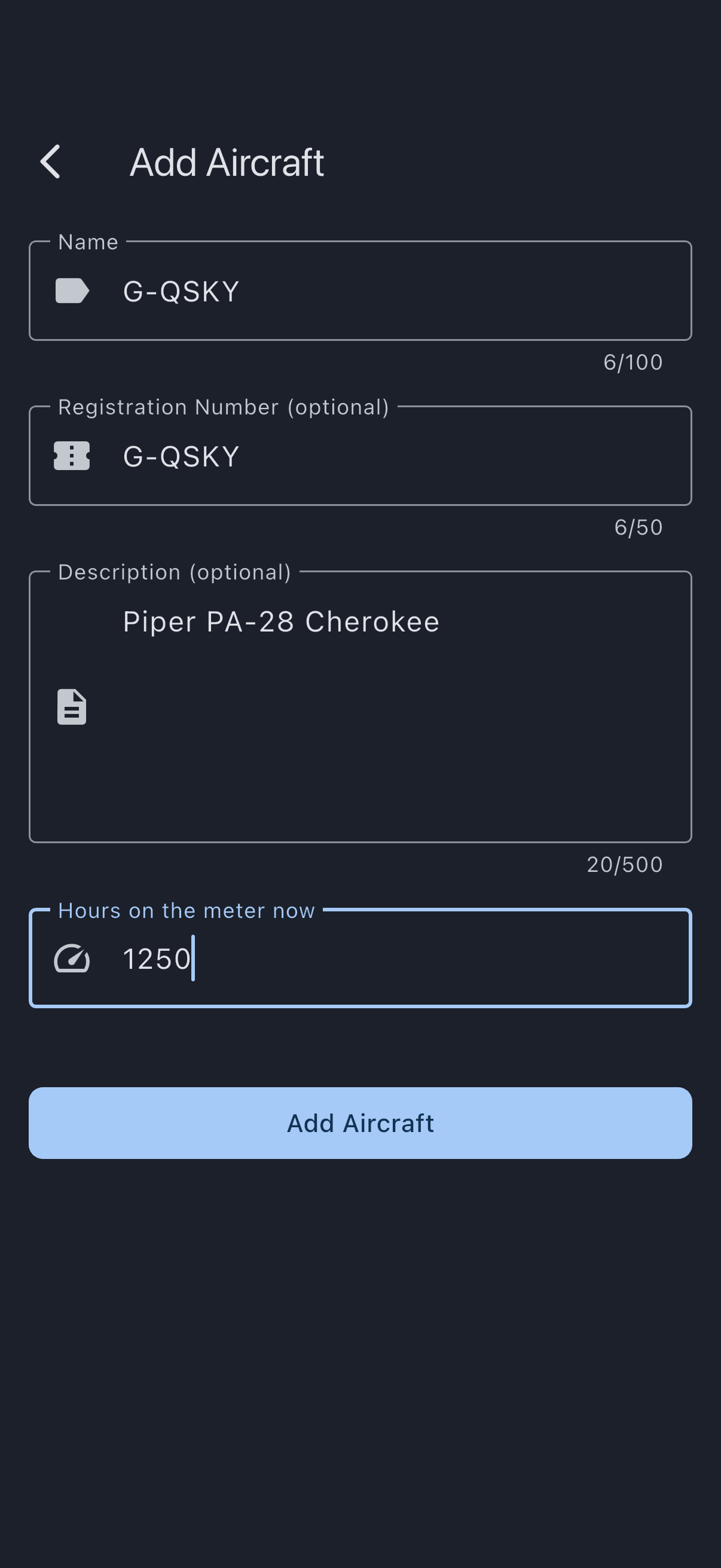 Add Aircraft screen filled in, with the Add Aircraft button directly under the hours-on-the-meter field and no Home Airfield field between them