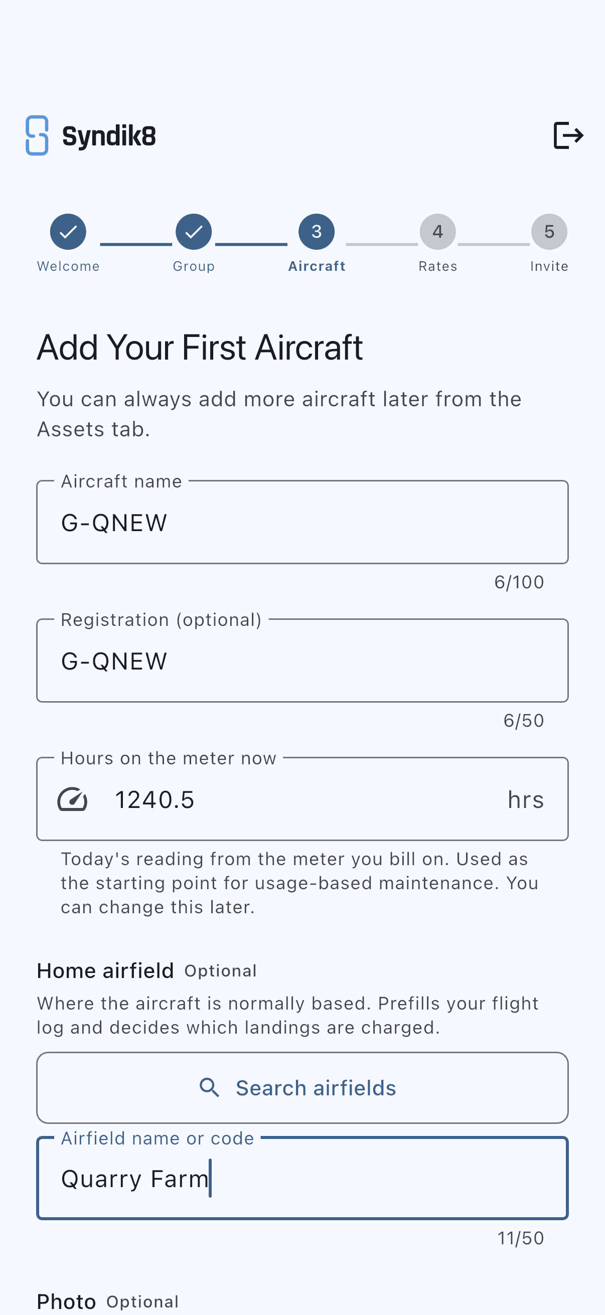 Add Your First Aircraft step with the aircraft name, registration and hours-on-the-meter fields filled in, and a home airfield typed in by hand