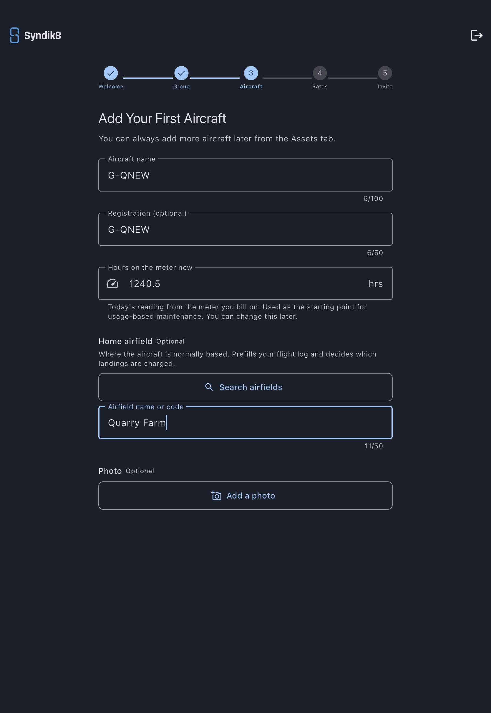 Add Your First Aircraft step with the aircraft name, registration and hours-on-the-meter fields filled in, and a home airfield typed in by hand