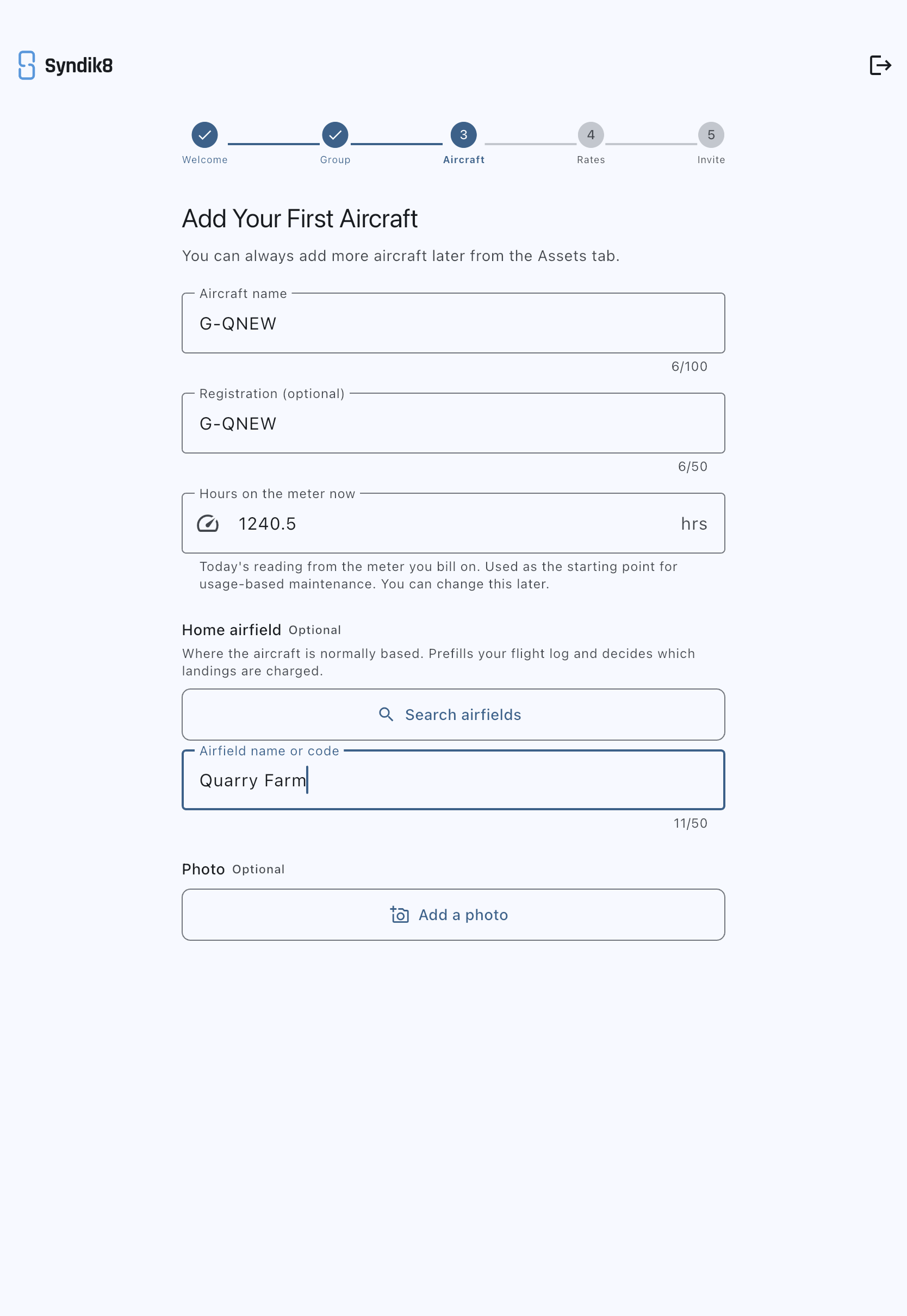 Add Your First Aircraft step with the aircraft name, registration and hours-on-the-meter fields filled in, and a home airfield typed in by hand