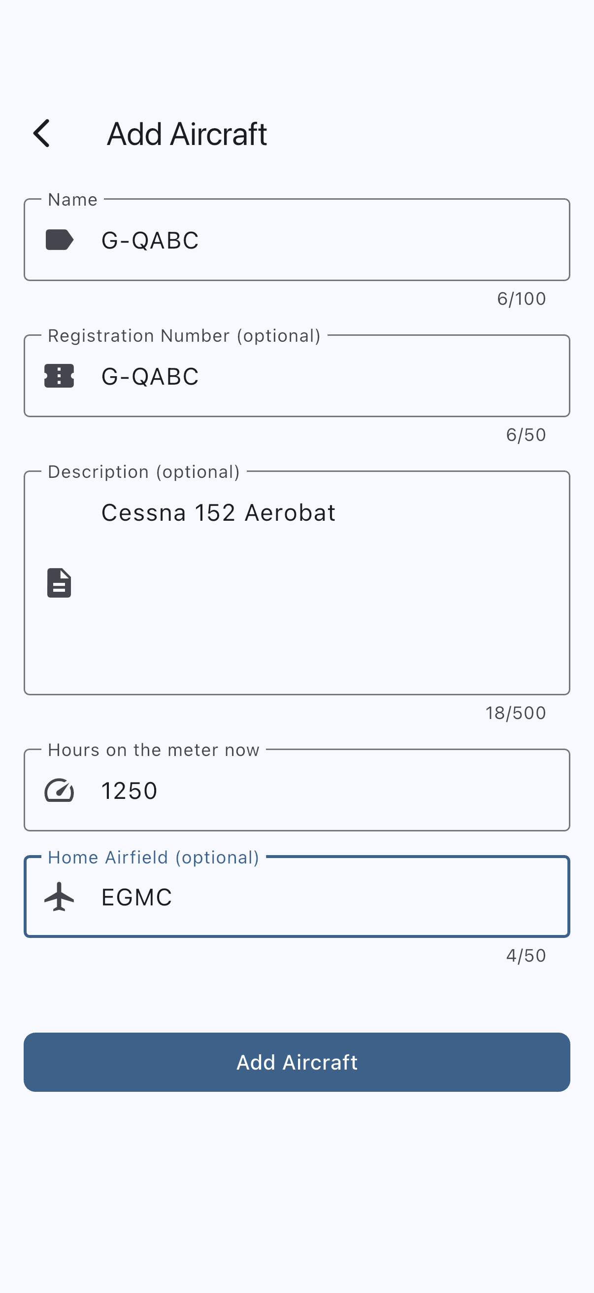 The Add Aircraft form with the name, registration, description and Hours on the meter now filled in, and the Home Airfield field shown for a syndicate that already has an aircraft