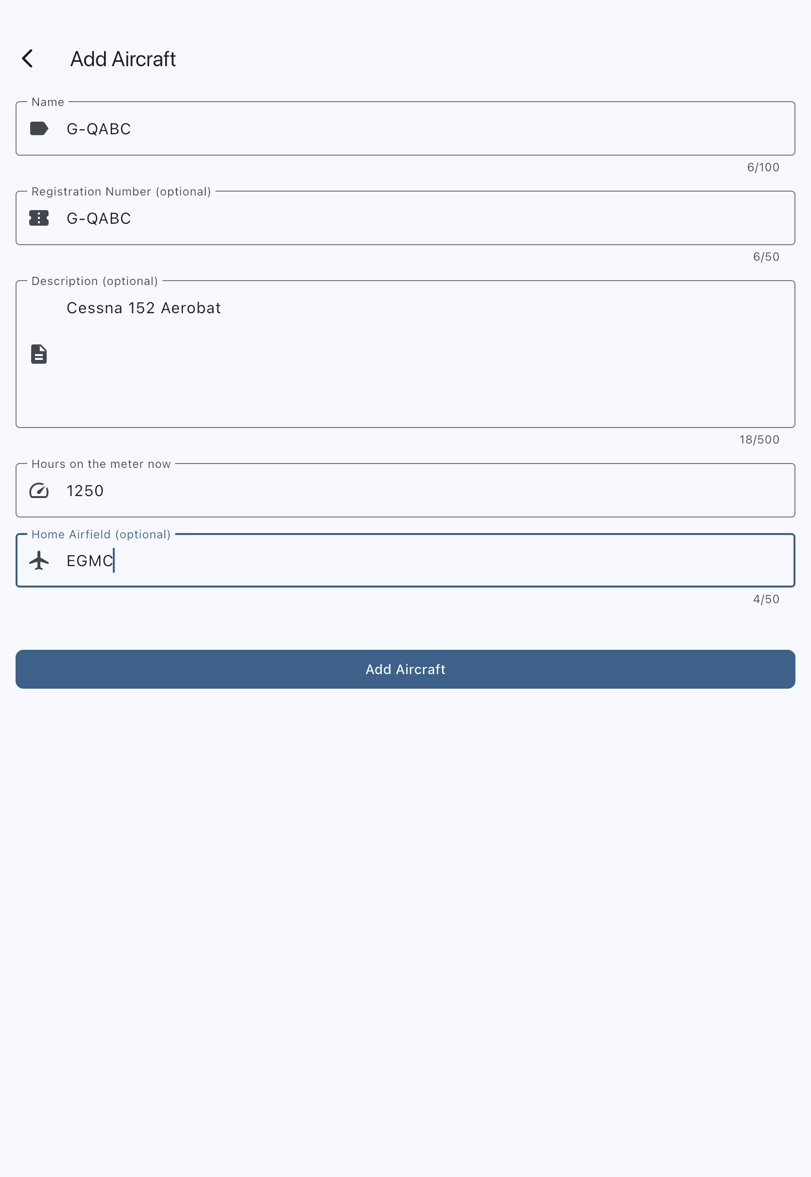 The Add Aircraft form with the name, registration, description and Hours on the meter now filled in, and the Home Airfield field shown for a syndicate that already has an aircraft