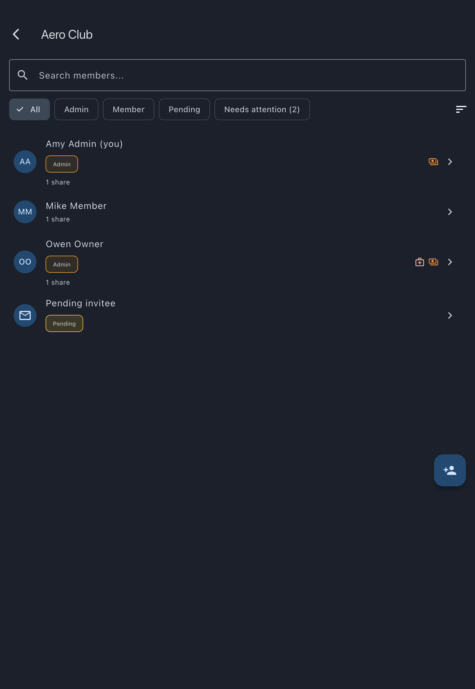 Admin members list with a small red medical glyph on the one member who has no medical on file
