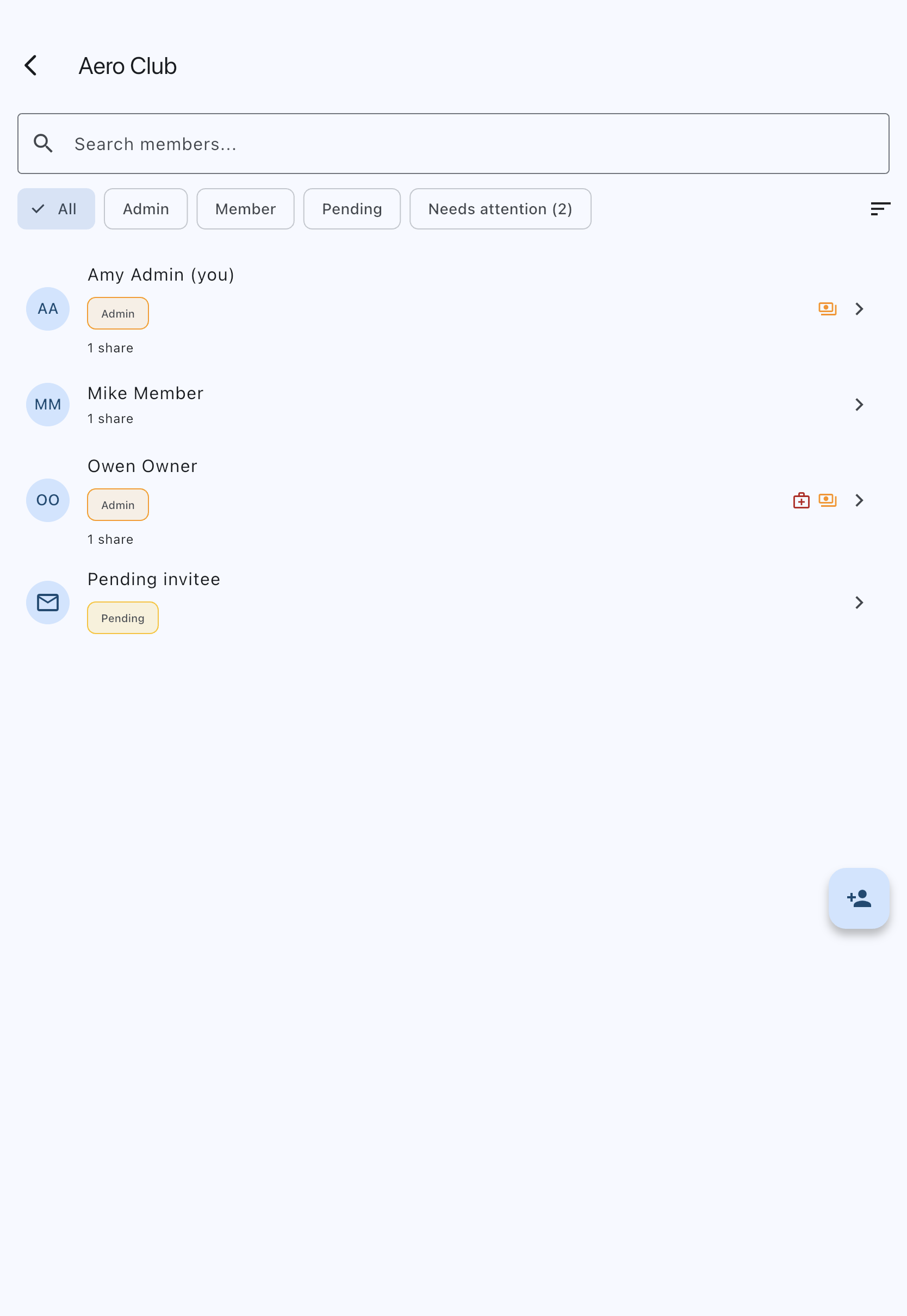 Admin members list with a small red medical glyph on the one member who has no medical on file