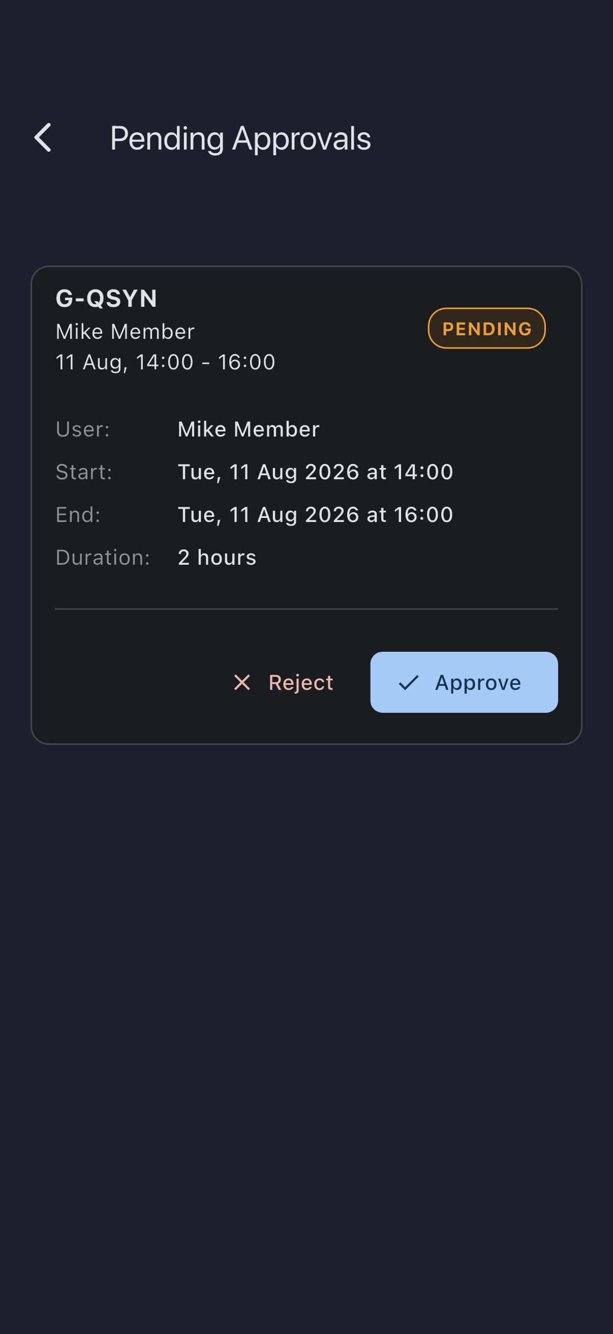 The Pending Approvals list with one booking card expanded to show the member, aircraft and time range, alongside the Approve button