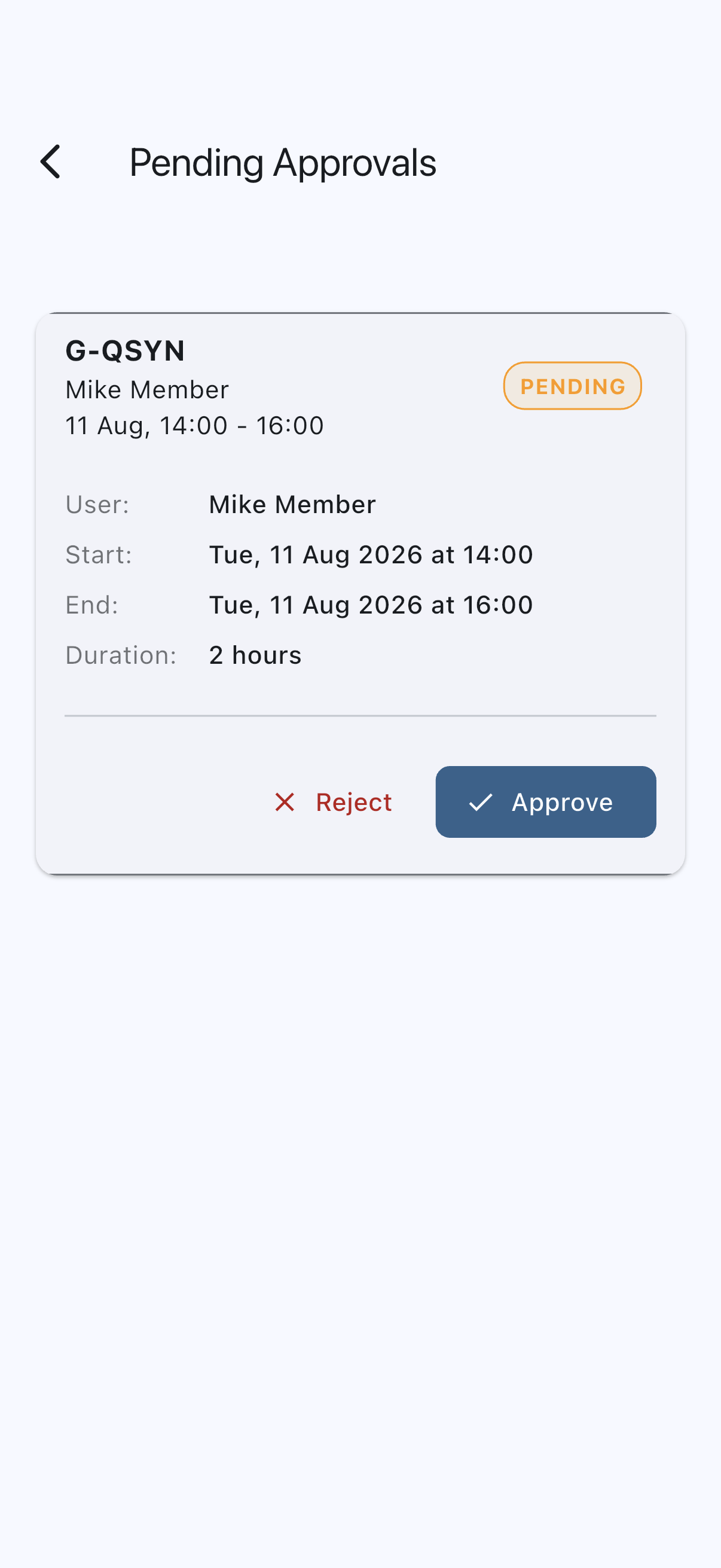 The Pending Approvals list with one booking card expanded to show the member, aircraft and time range, alongside the Approve button