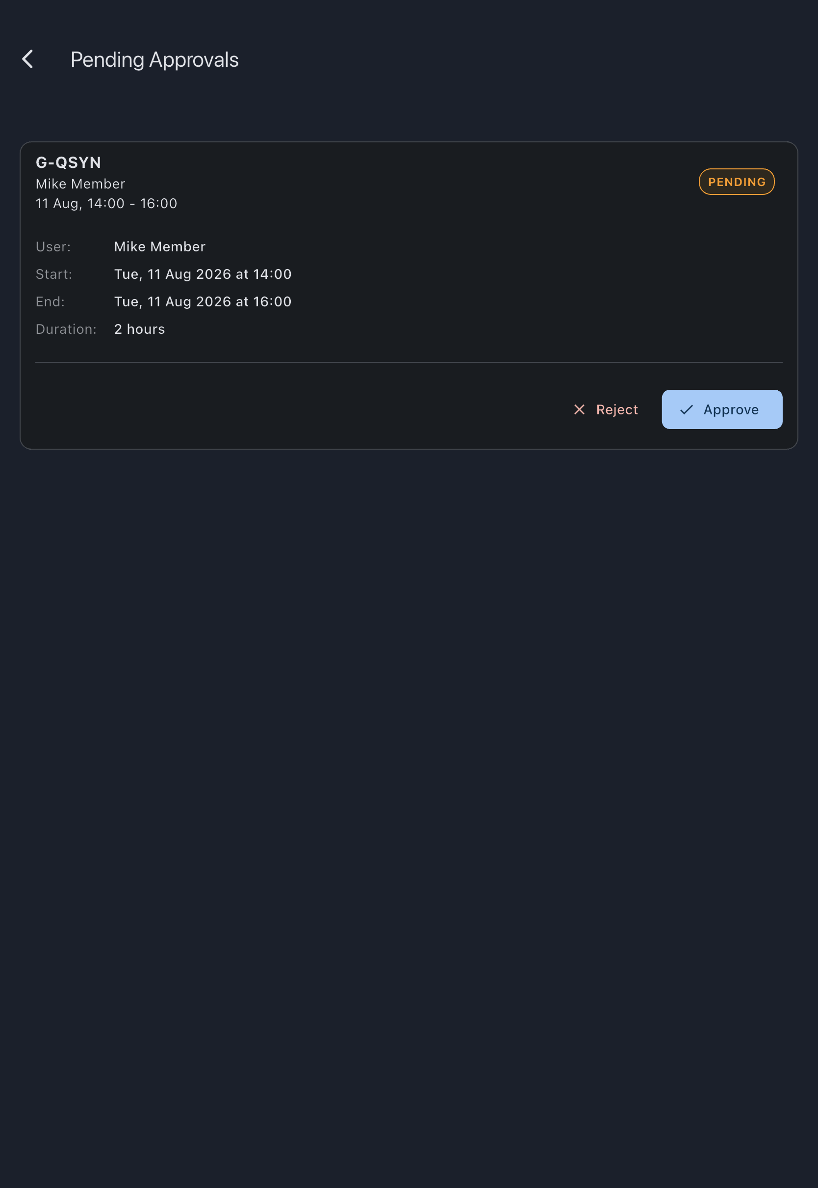 The Pending Approvals list with one booking card expanded to show the member, aircraft and time range, alongside the Approve button