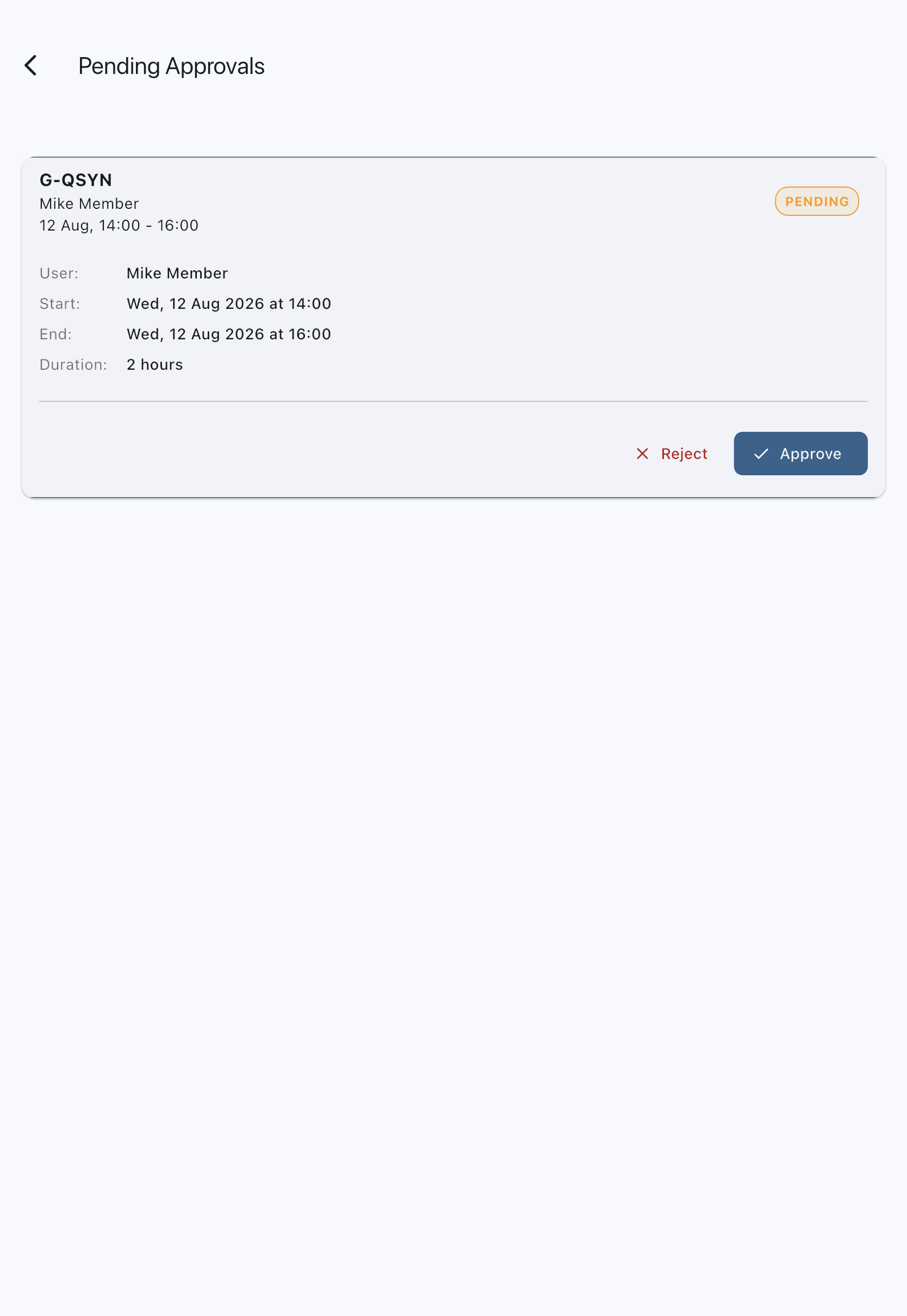 The Pending Approvals list with one booking card expanded to show the member, aircraft and time range, alongside the Approve button