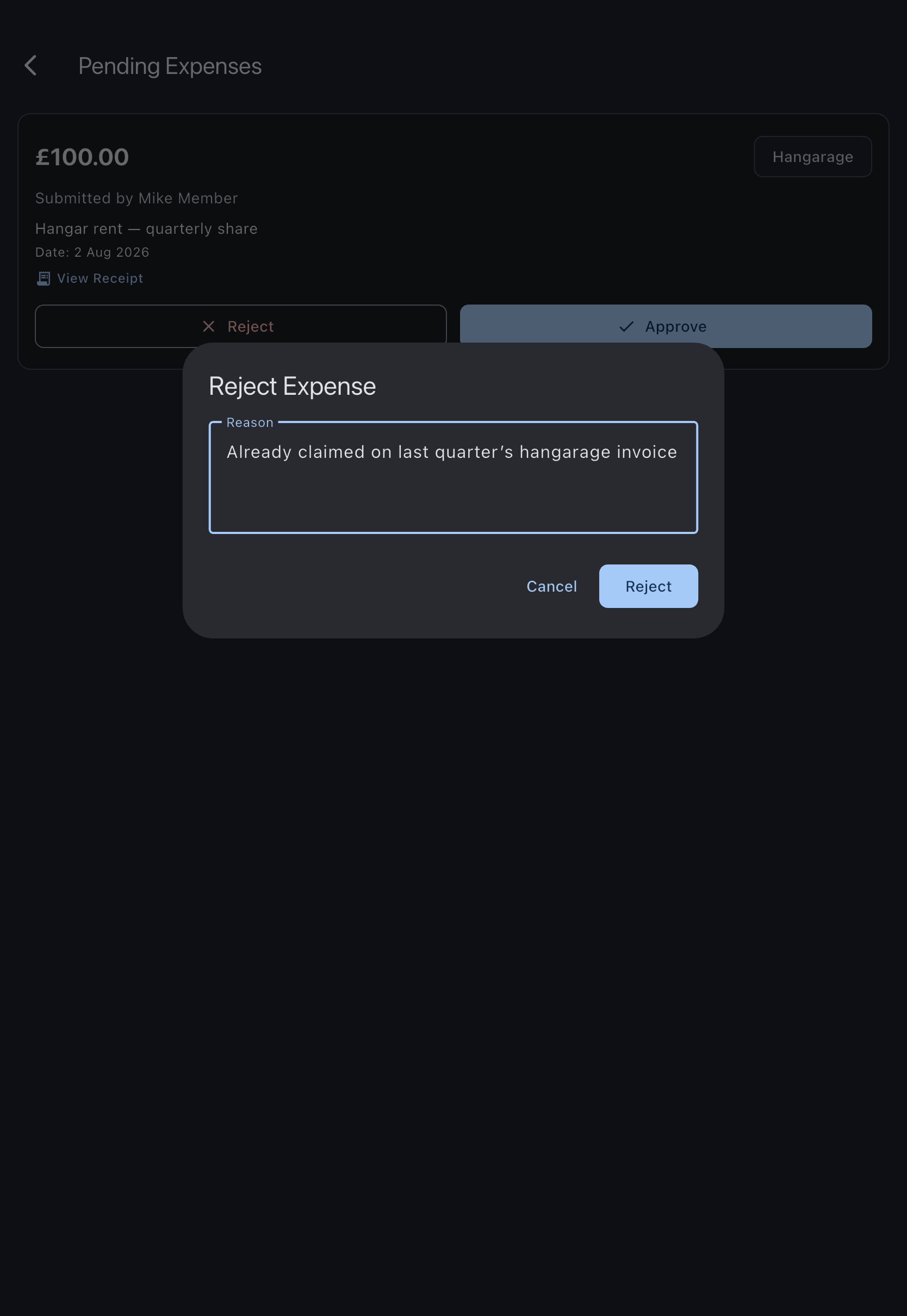 The Reject Expense dialog with a reason typed into the Reason field, above the Cancel and Reject buttons