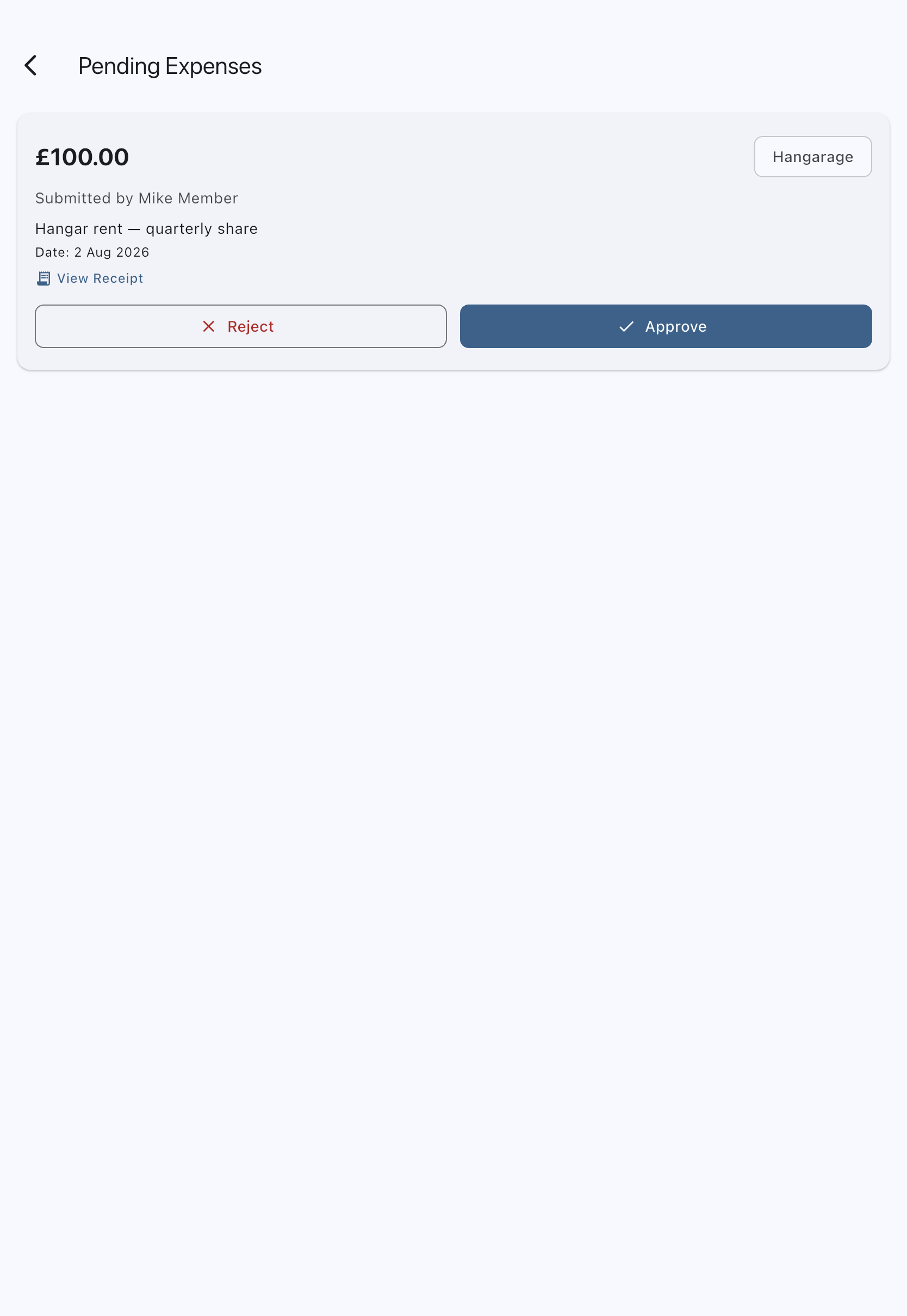 The pending expenses screen with an expense card showing the amount, description, category, date and submitting member, and the Approve and Reject buttons