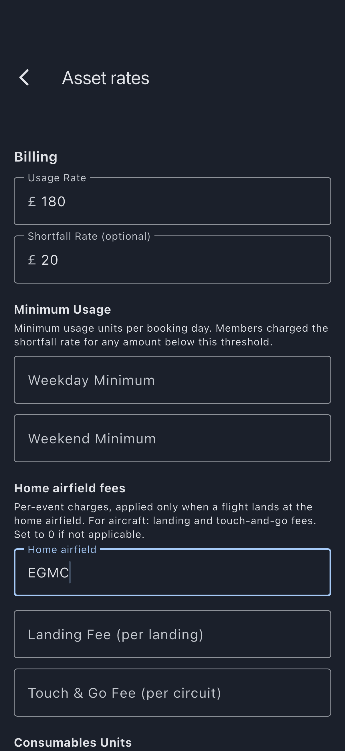 Asset rates screen, its first section headed Billing with the usage and shortfall rates filled in, over a Minimum Usage section whose boxes are empty