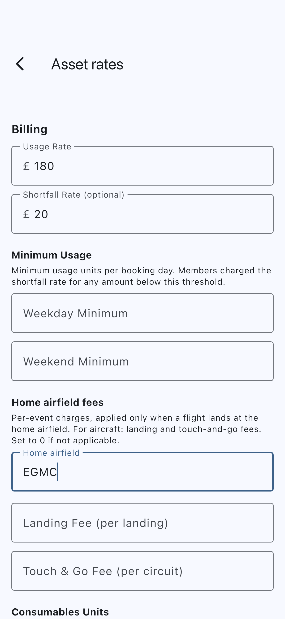 Asset rates screen, its first section headed Billing with the usage and shortfall rates filled in, over a Minimum Usage section whose boxes are empty