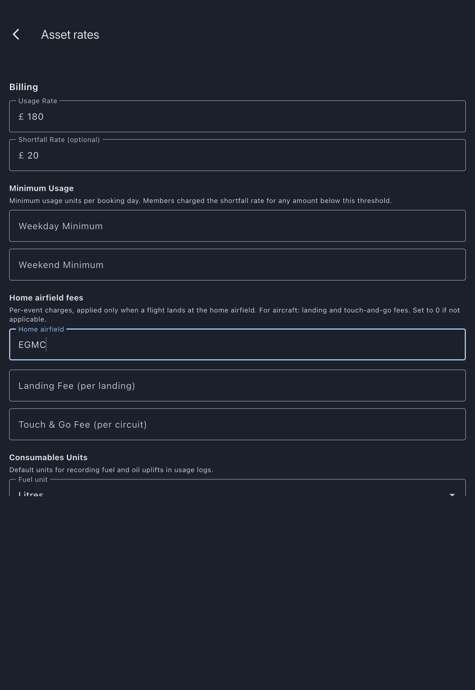 Asset rates screen, its first section headed Billing with the usage and shortfall rates filled in, over a Minimum Usage section whose boxes are empty