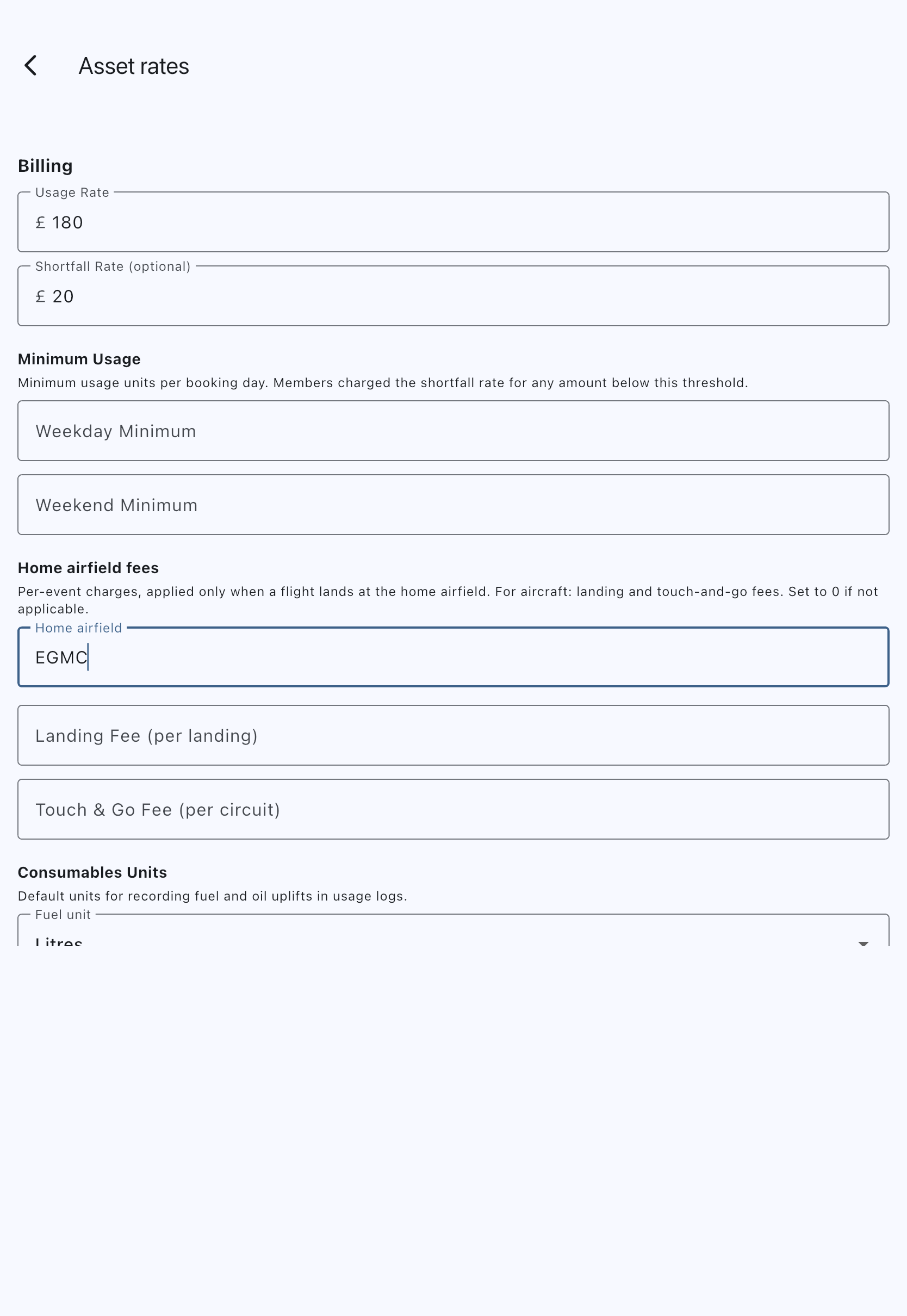 Asset rates screen, its first section headed Billing with the usage and shortfall rates filled in, over a Minimum Usage section whose boxes are empty