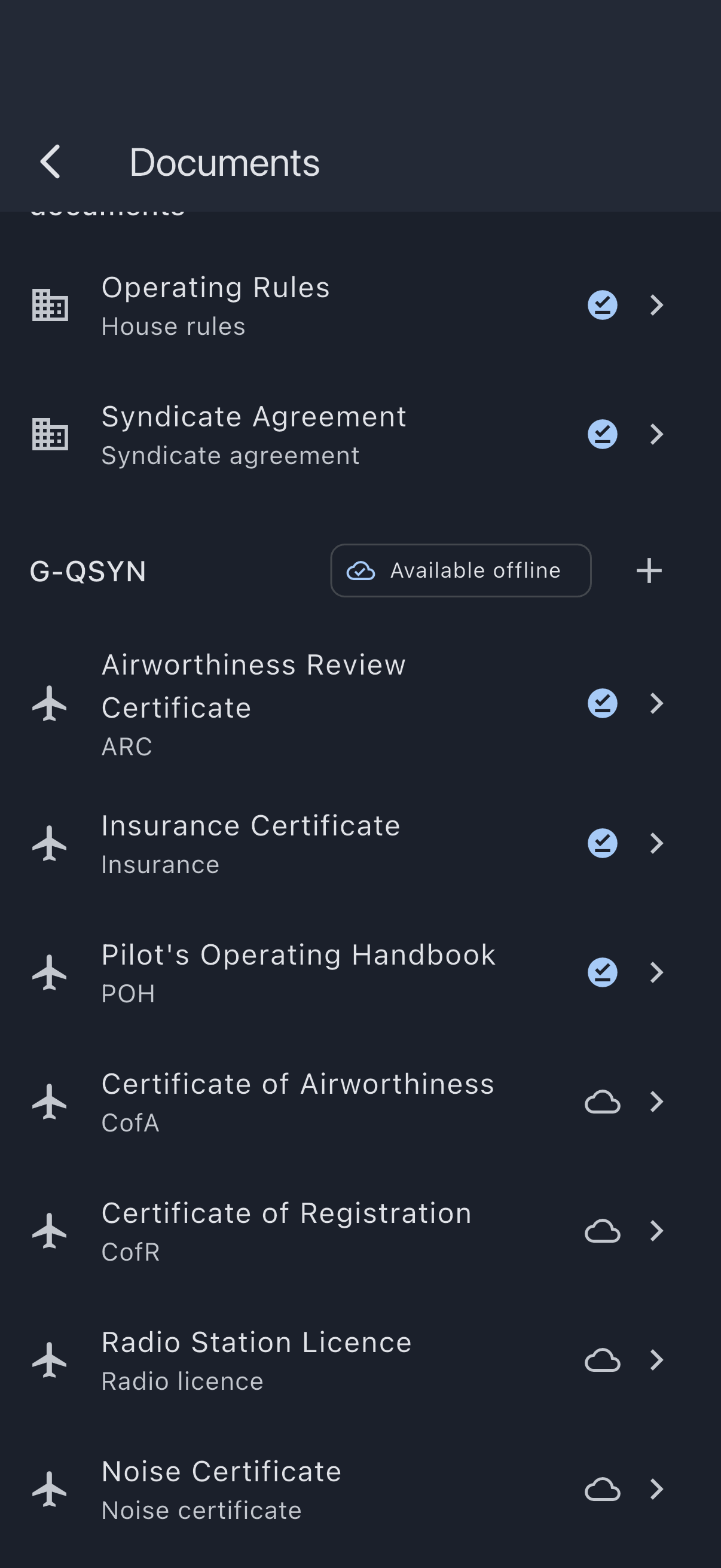 Asset section showing the full set of ship's papers: ARC, insurance, CofA, CofR, radio licence, noise certificate, POH