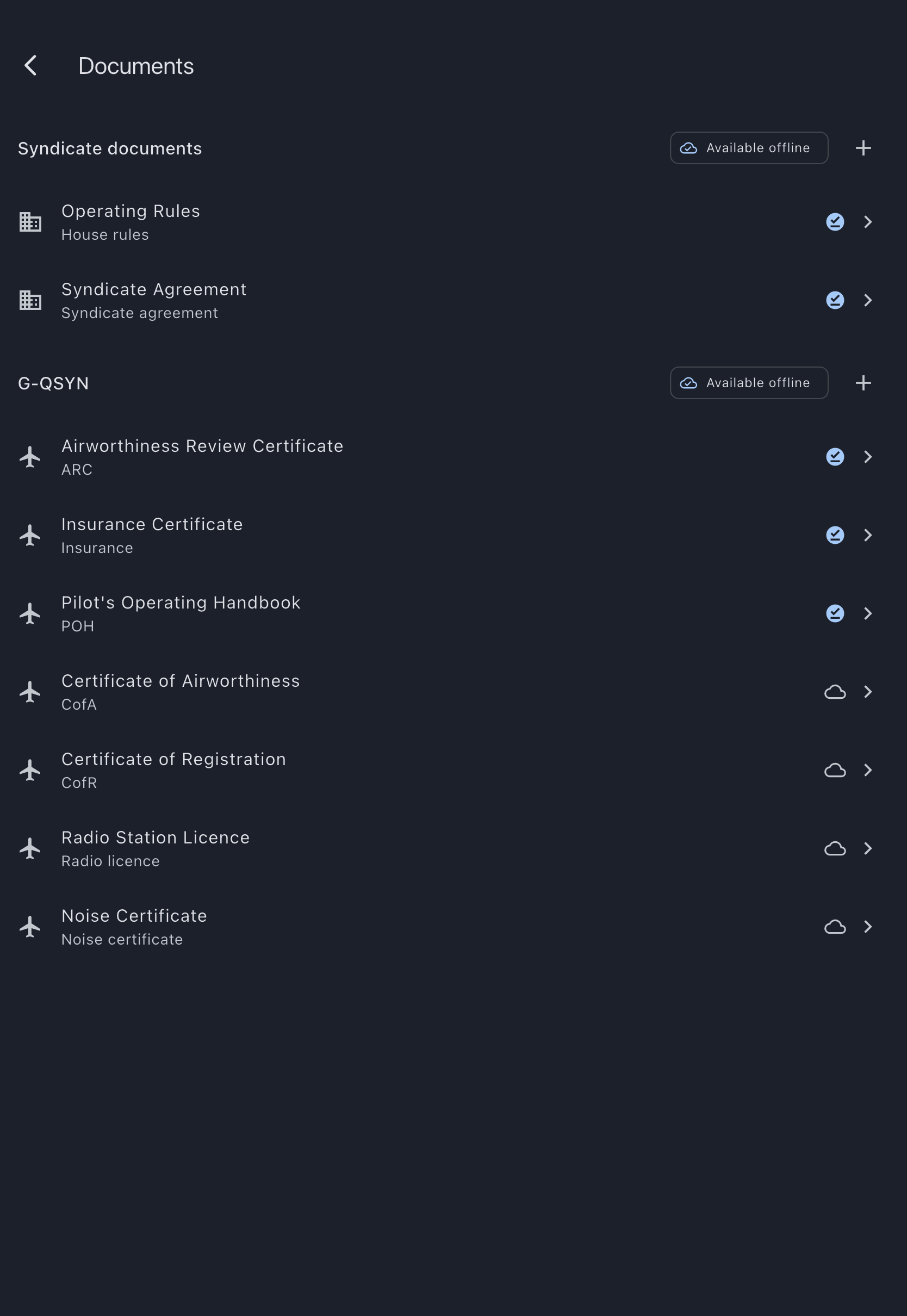 Asset section showing the full set of ship's papers: ARC, insurance, CofA, CofR, radio licence, noise certificate, POH