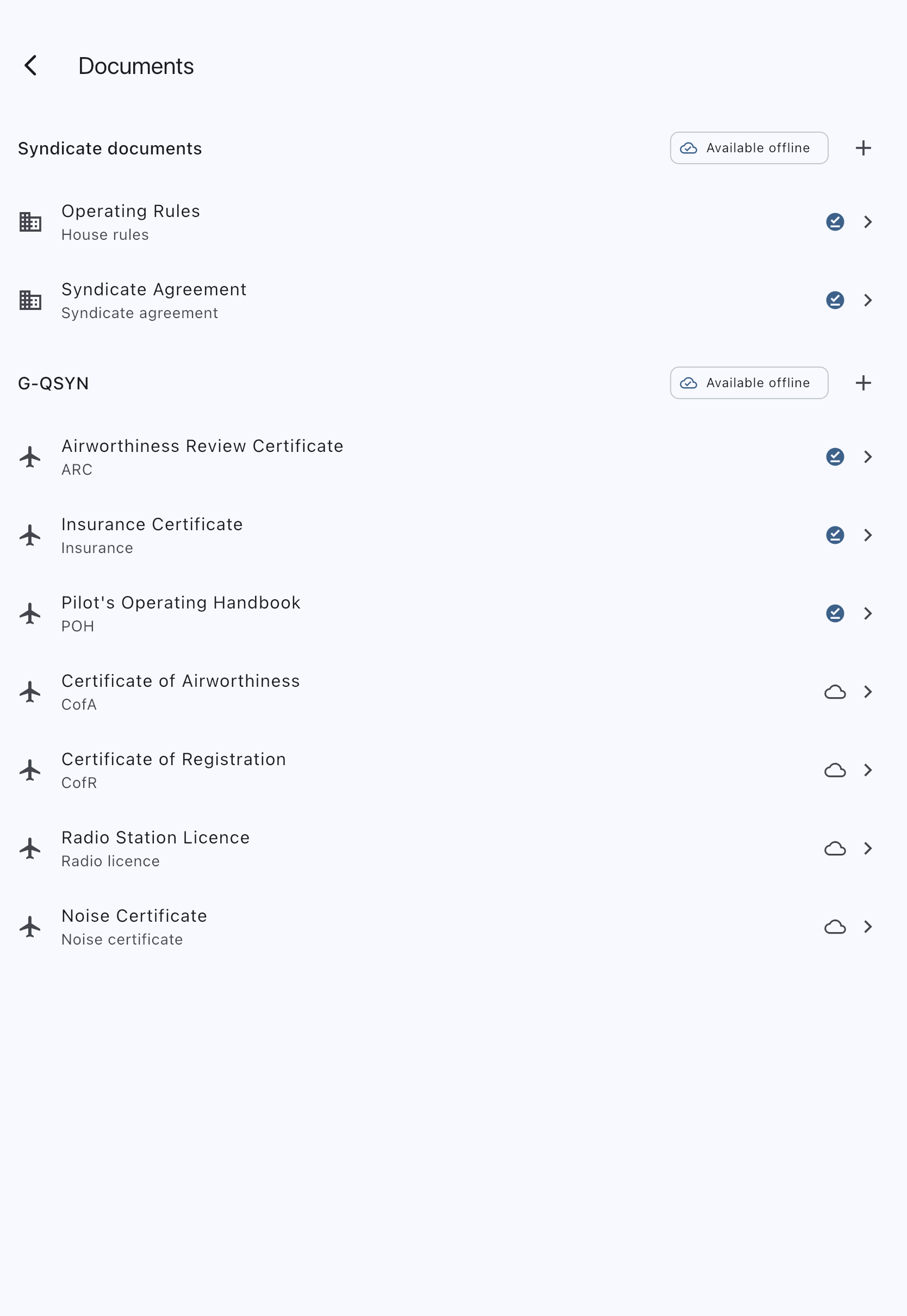Asset section showing the full set of ship's papers: ARC, insurance, CofA, CofR, radio licence, noise certificate, POH