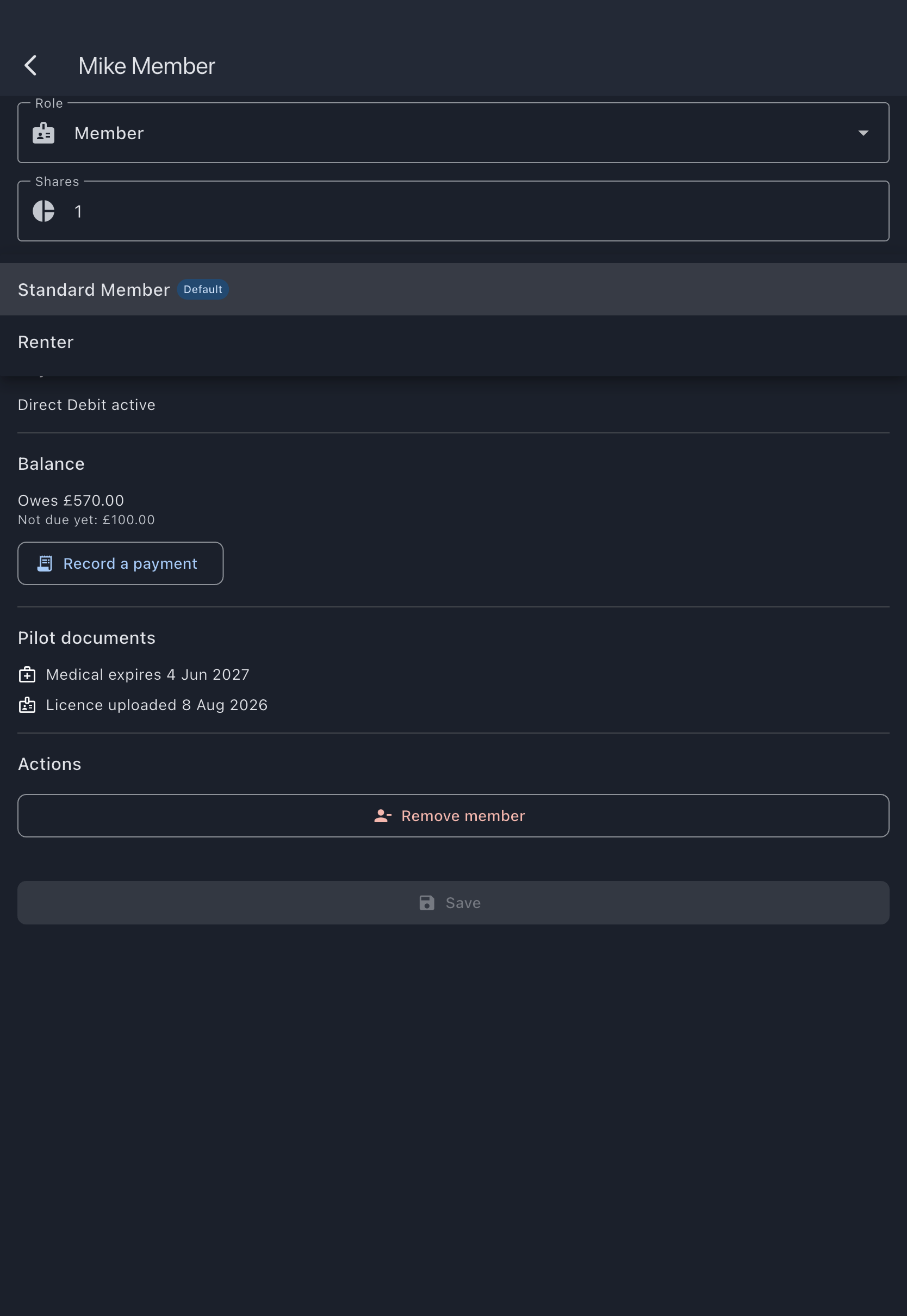 The edit-member screen with the Billing Scheme dropdown open, listing the syndicate's member rates