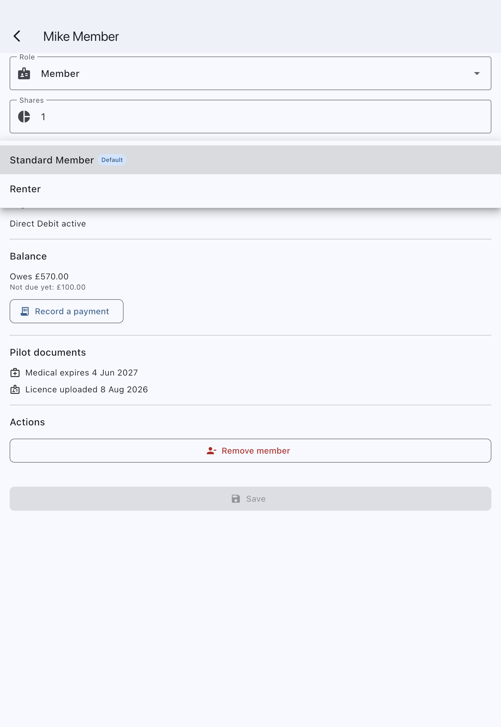 The edit-member screen with the Billing Scheme dropdown open, listing the syndicate's member rates
