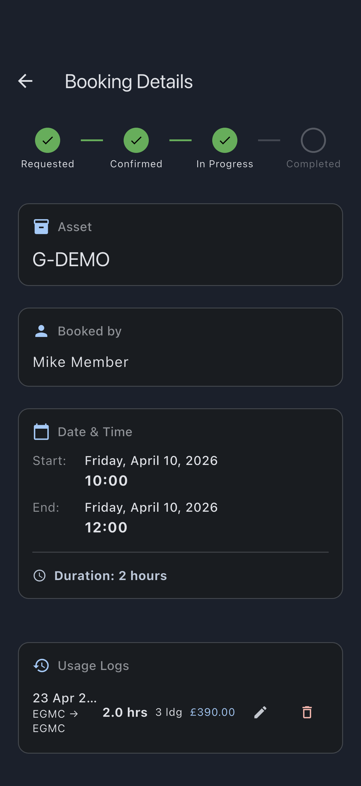 Booking detail screen showing the newly logged usage entry with Hobbs delta and landings