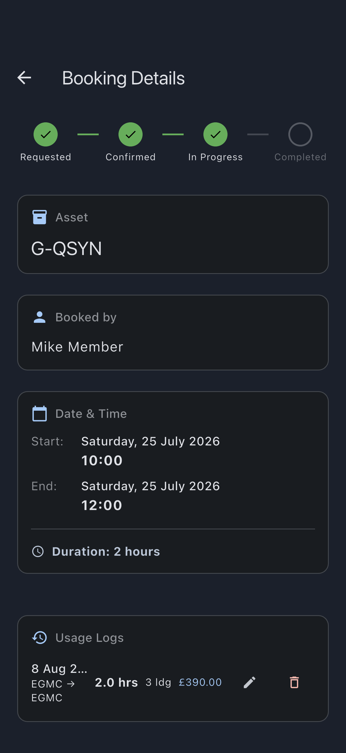 Booking detail screen showing the newly logged usage entry with Hobbs delta and landings