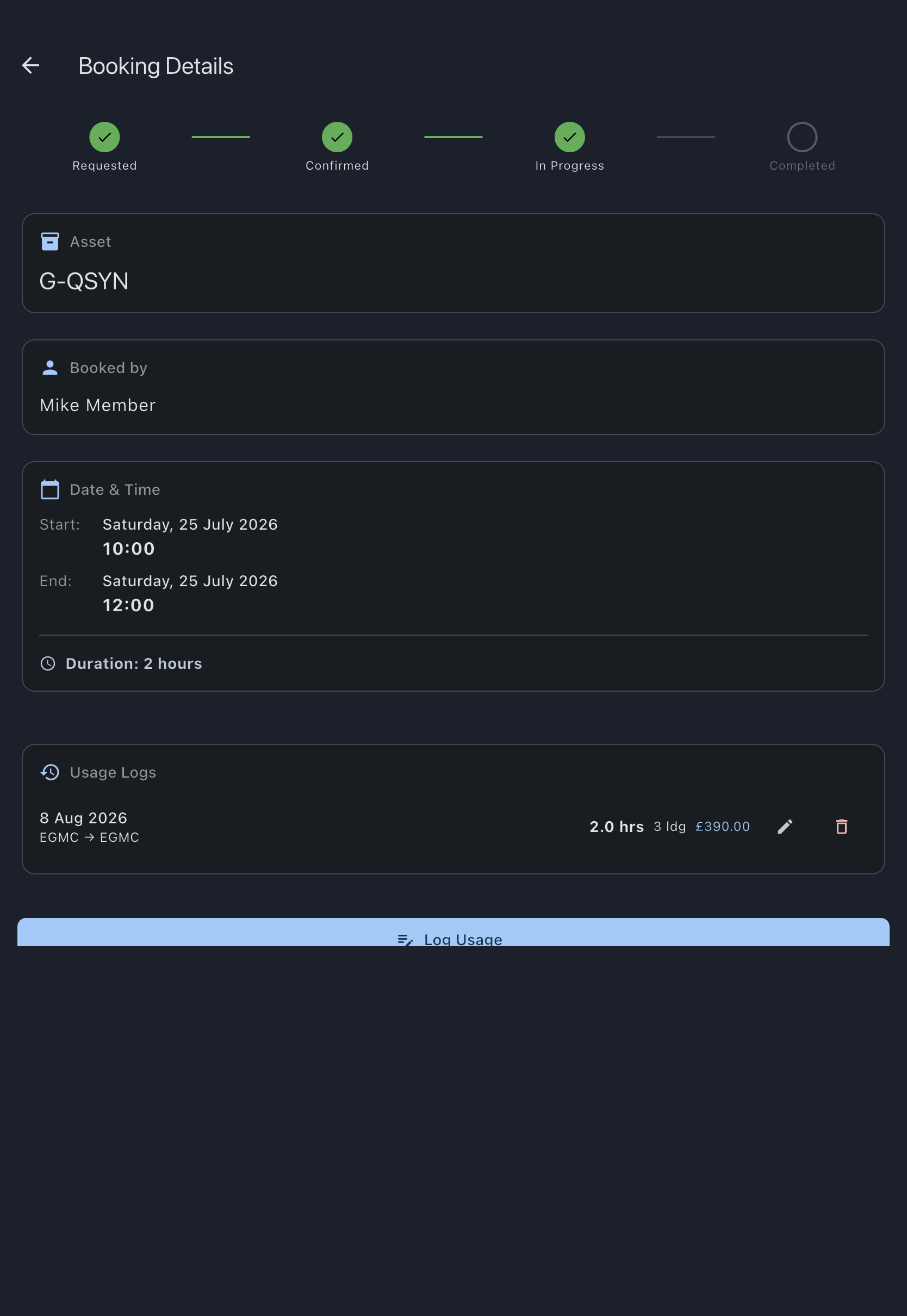 Booking detail screen showing the newly logged usage entry with Hobbs delta and landings