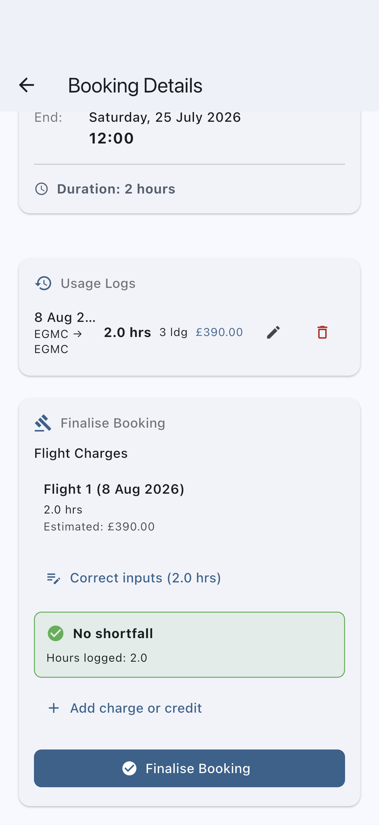 Booking detail Finalise Booking section with shortfall preview and finalise controls