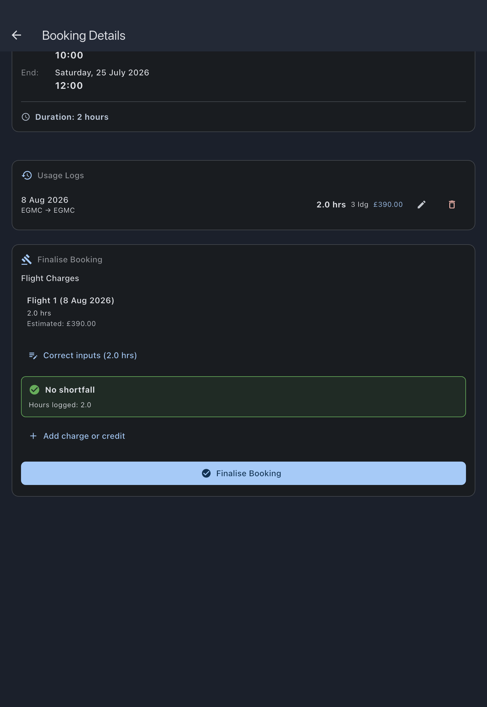Booking detail Finalise Booking section with shortfall preview and finalise controls