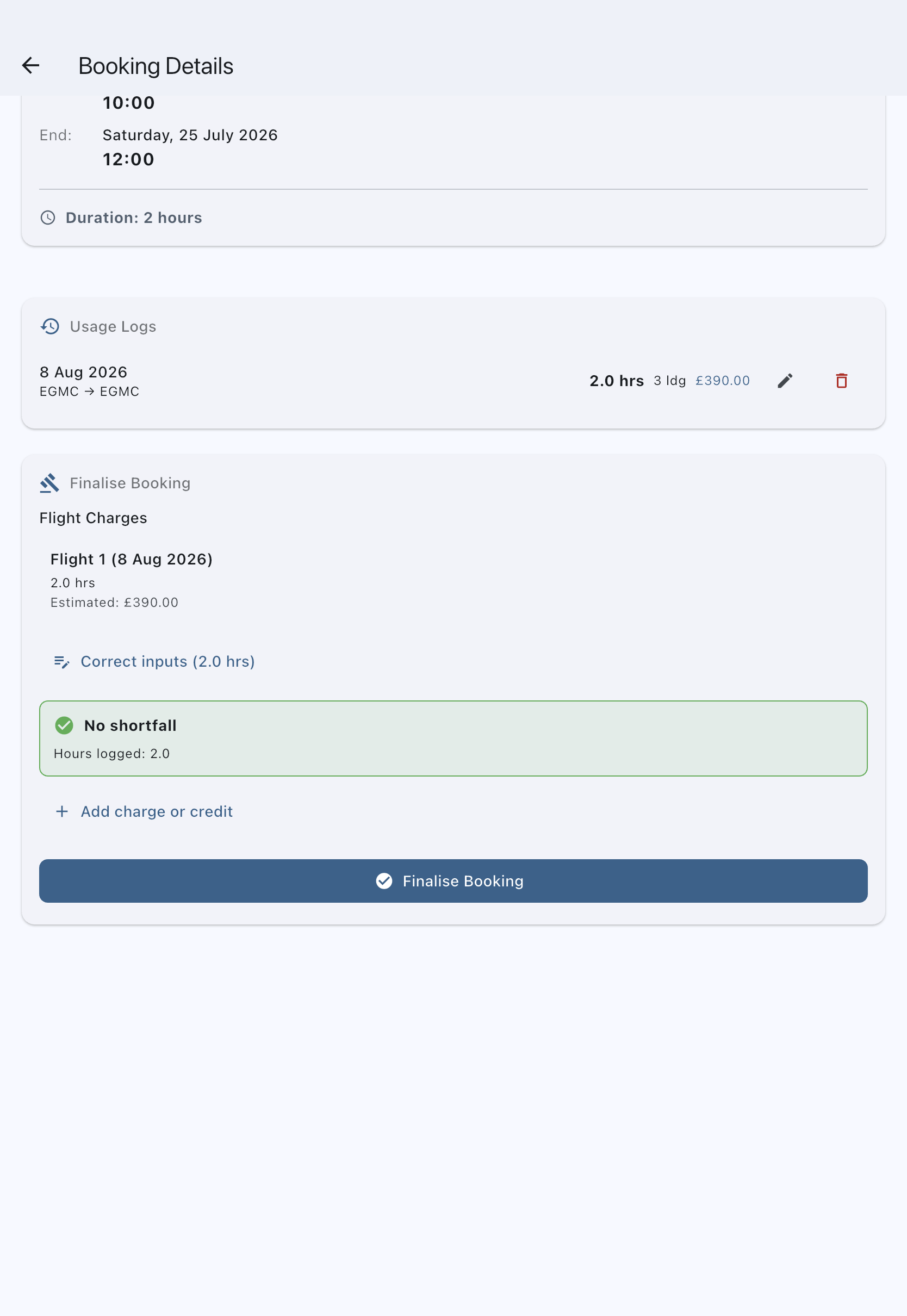 Booking detail Finalise Booking section with shortfall preview and finalise controls