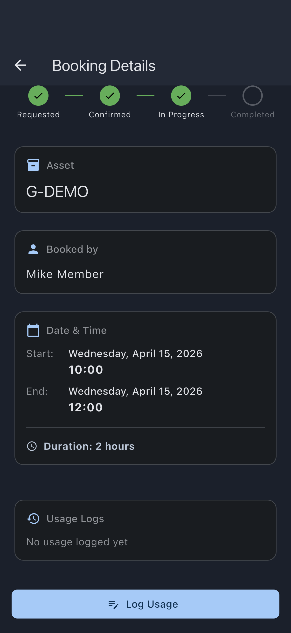 Booking detail screen with the Log Usage button near the bottom