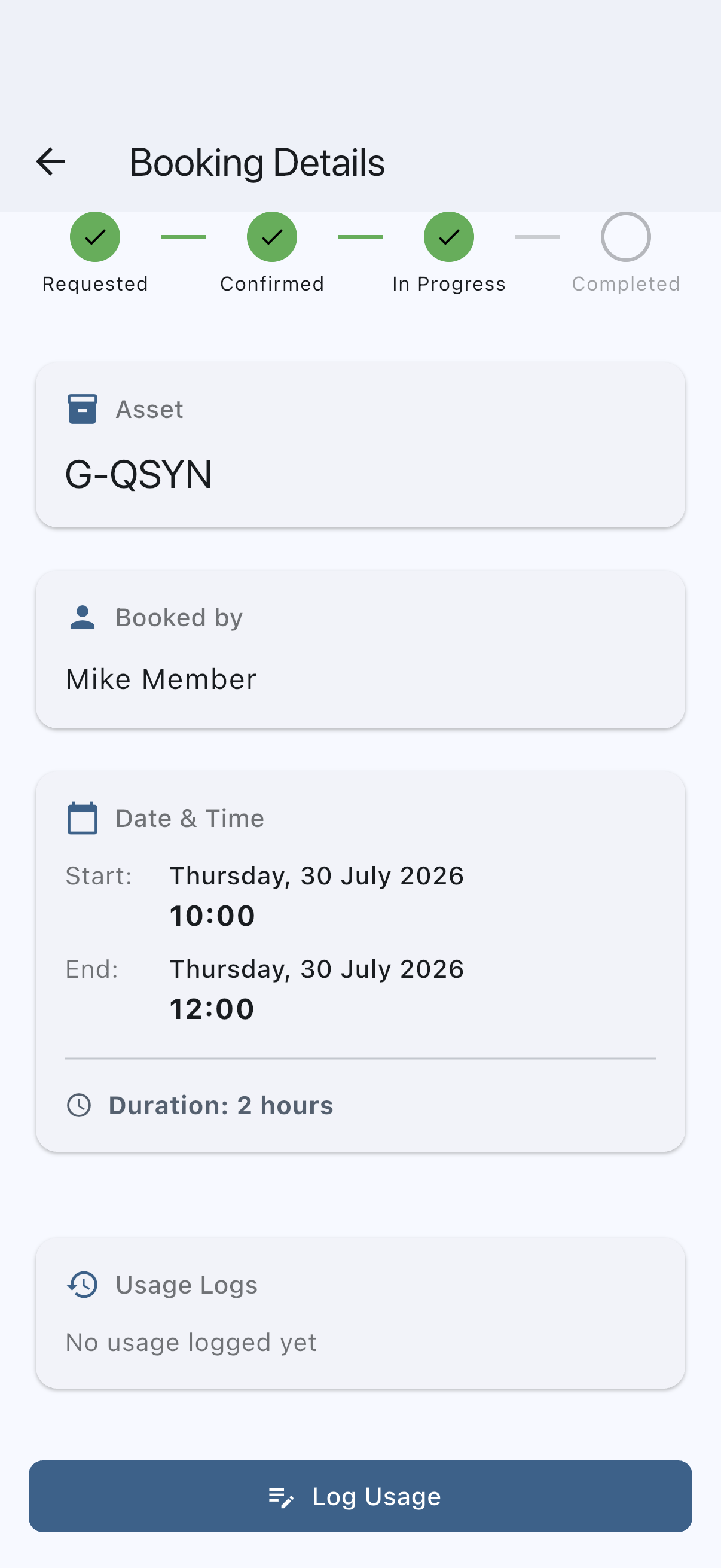 Booking detail screen with the Log Usage button near the bottom