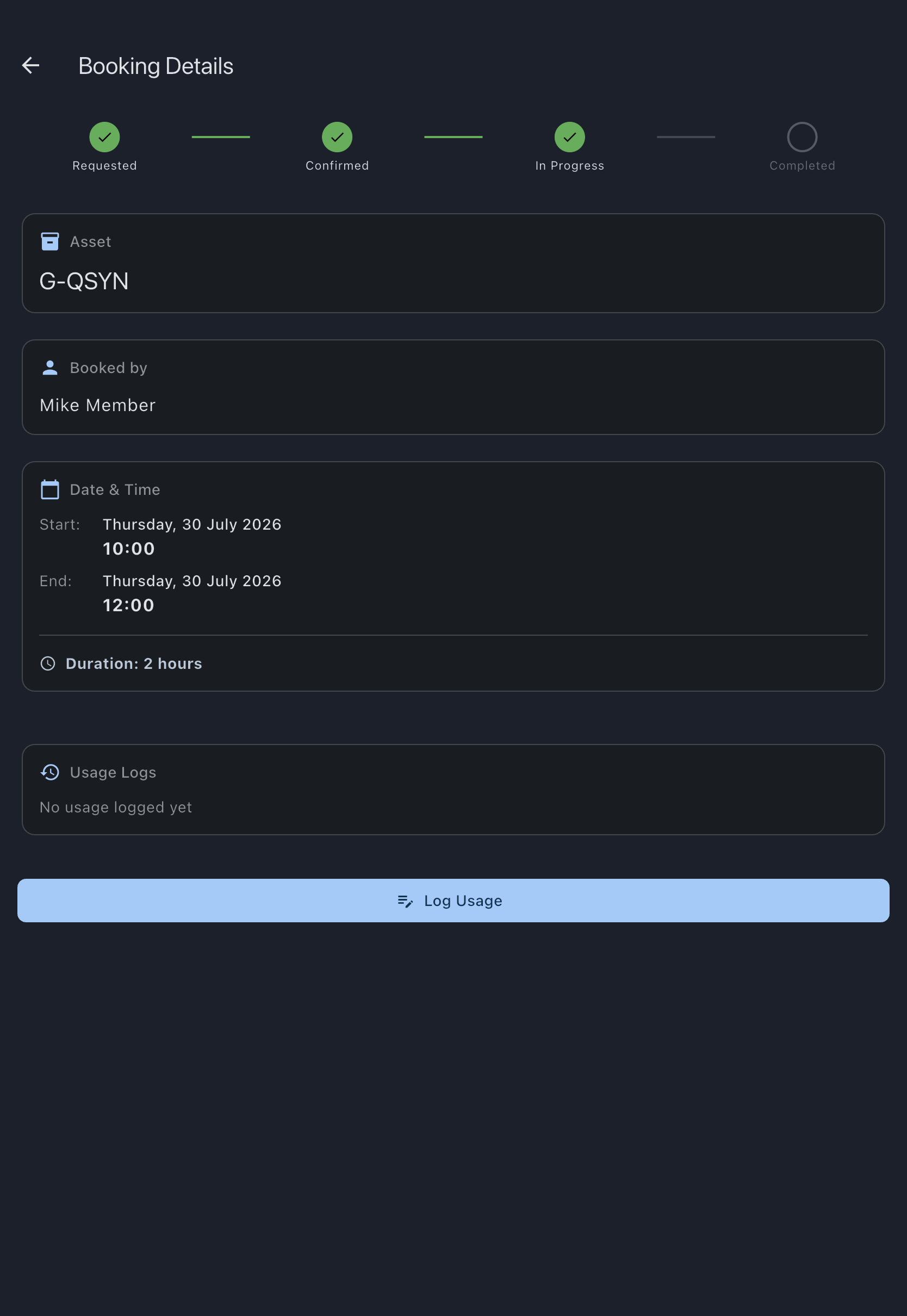 Booking detail screen with the Log Usage button near the bottom