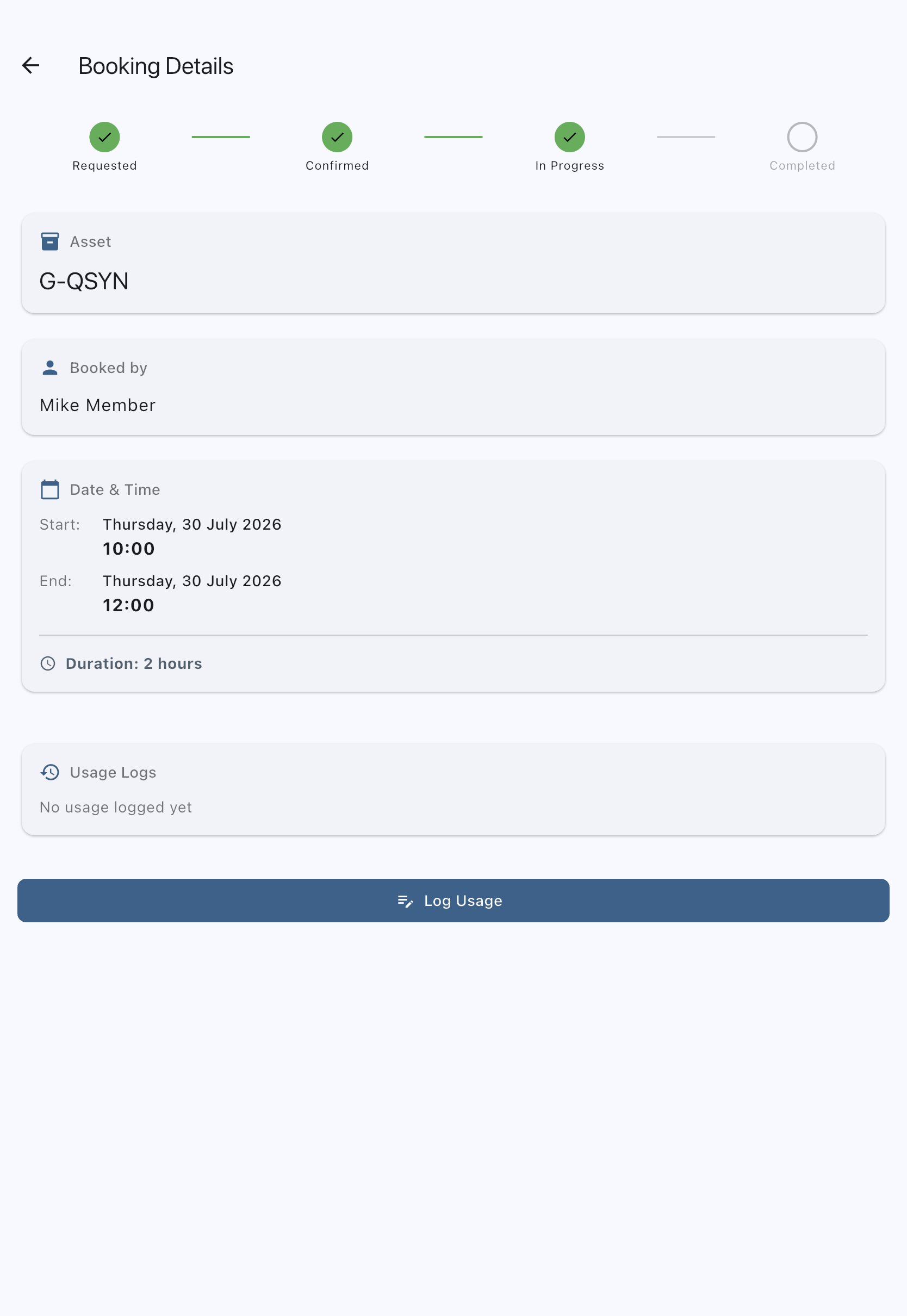 Booking detail screen with the Log Usage button near the bottom