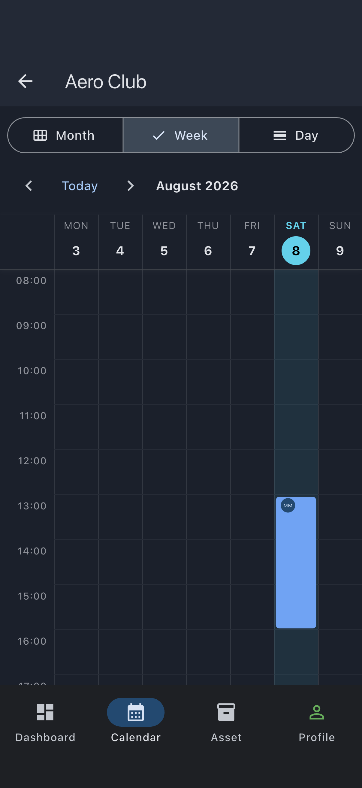 Calendar showing the newly created confirmed booking as a solid block