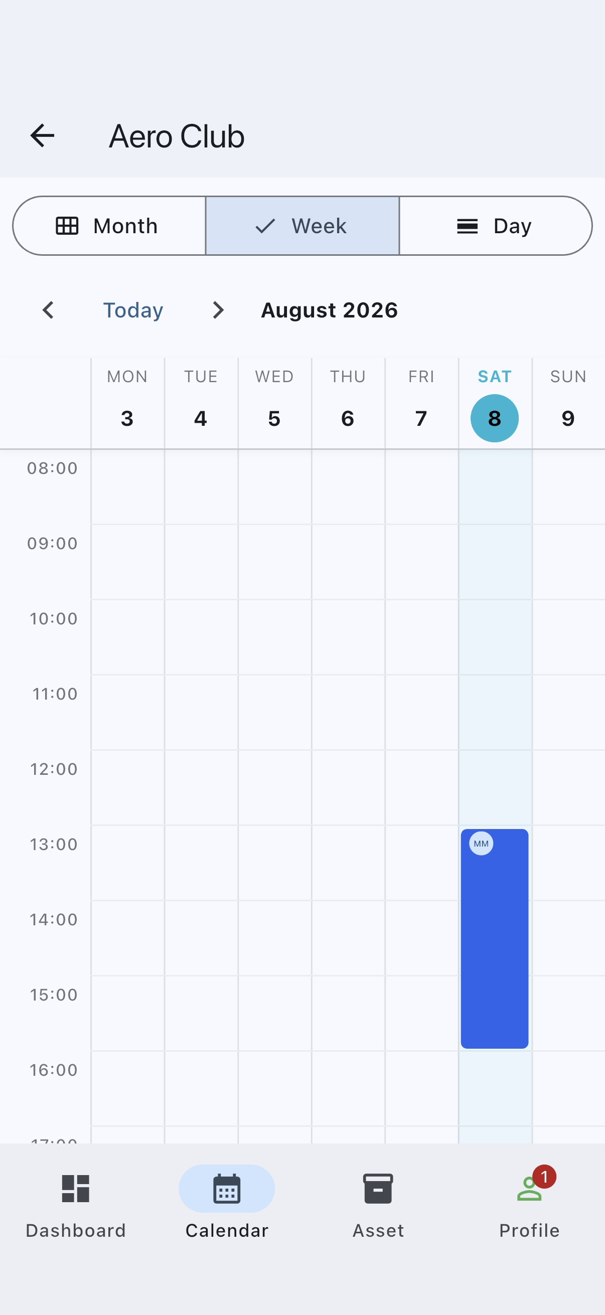 Calendar showing the newly created confirmed booking as a solid block