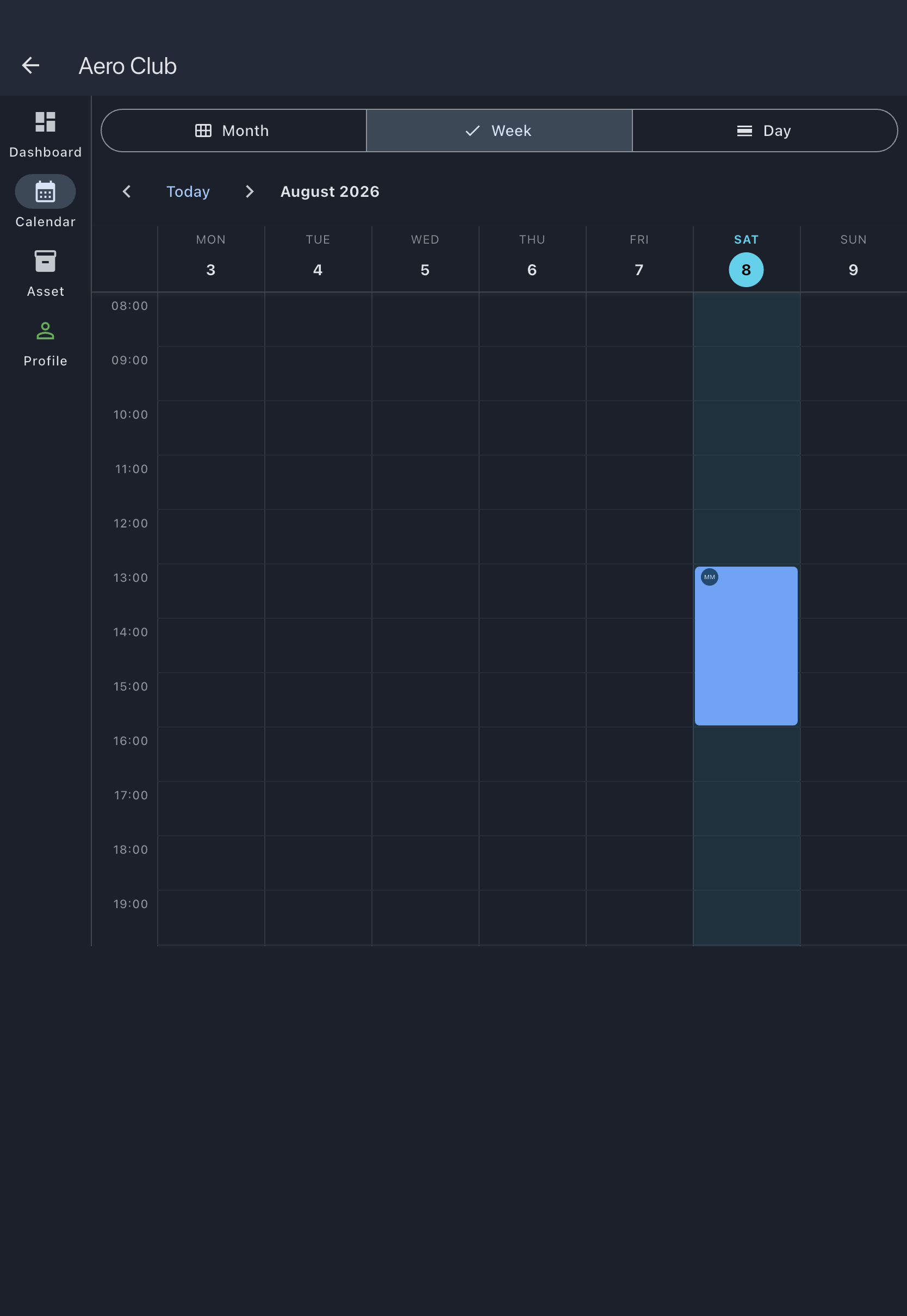 Calendar showing the newly created confirmed booking as a solid block