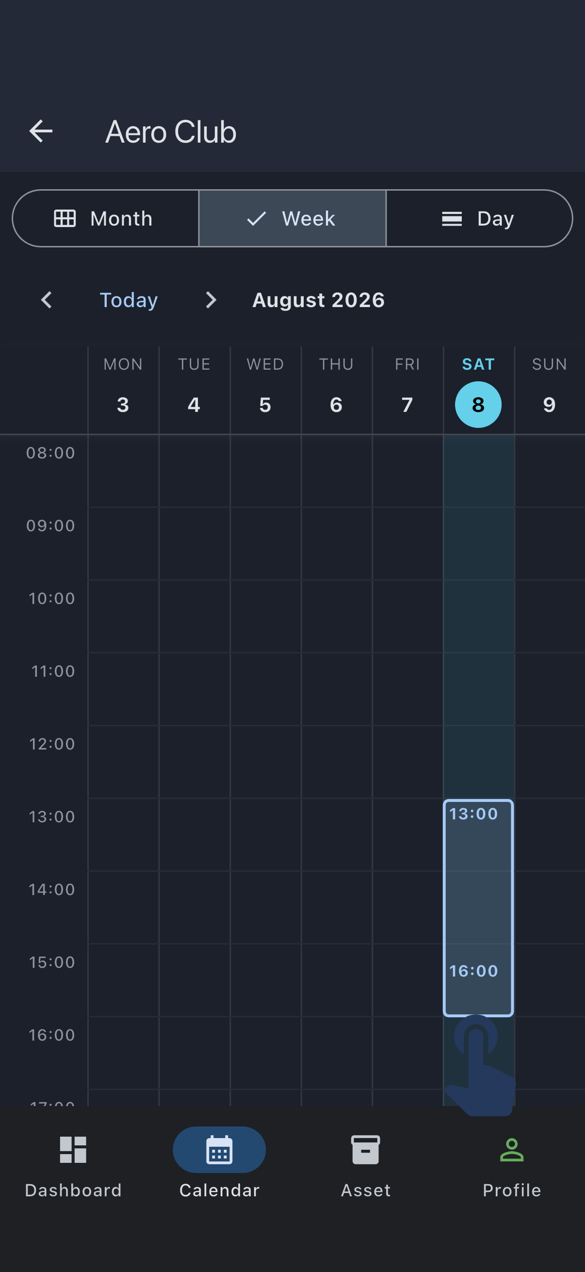 Dragging a time range across Saturday afternoon on the calendar