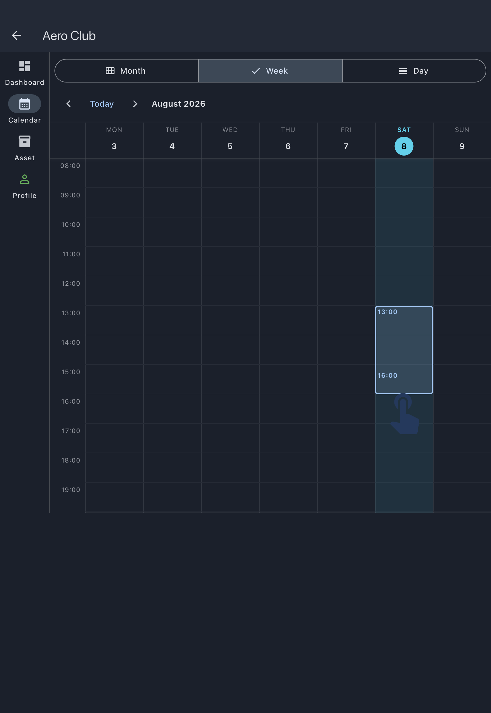 Dragging a time range across Saturday afternoon on the calendar