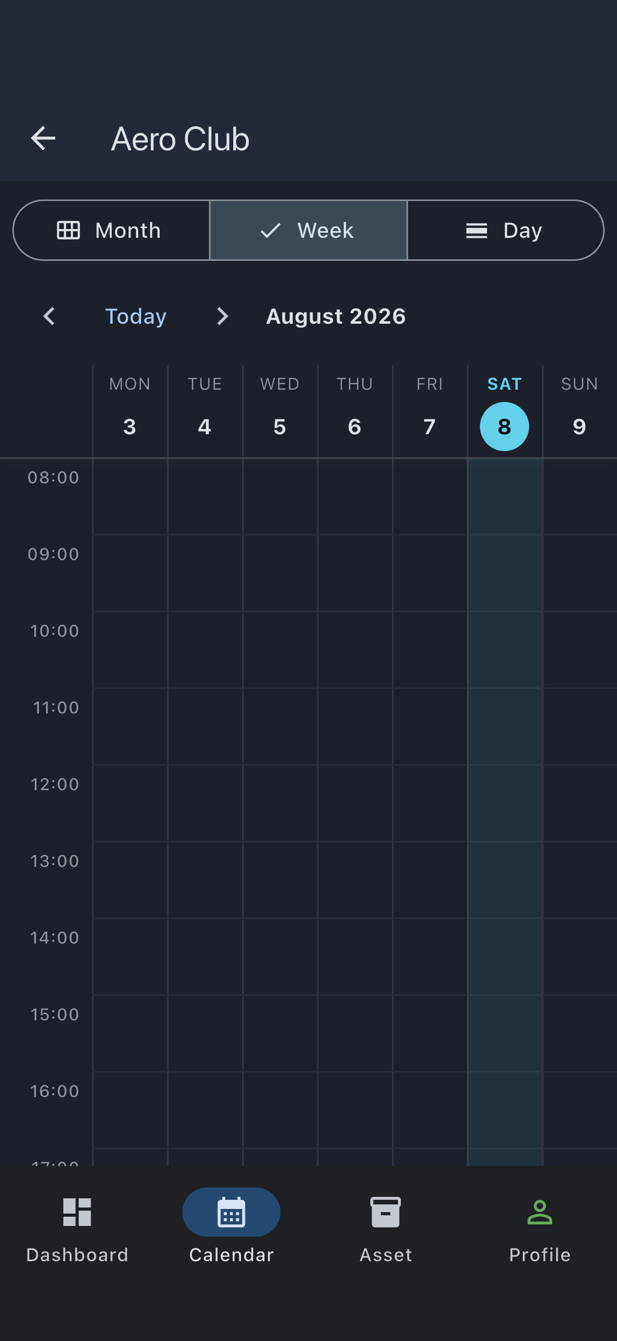 Calendar tab on the week view with no bookings yet
