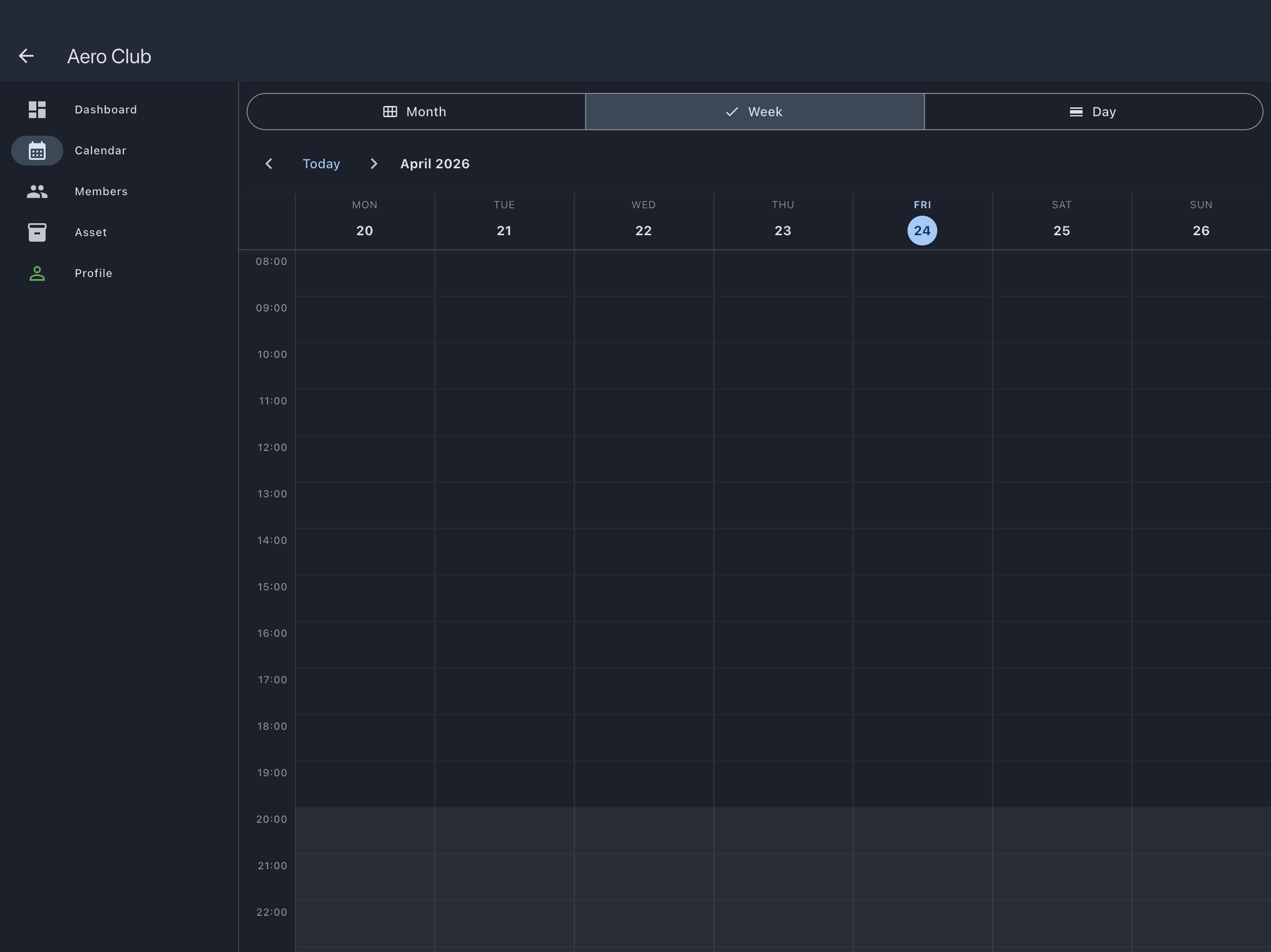 Calendar tab on the week view with no bookings yet