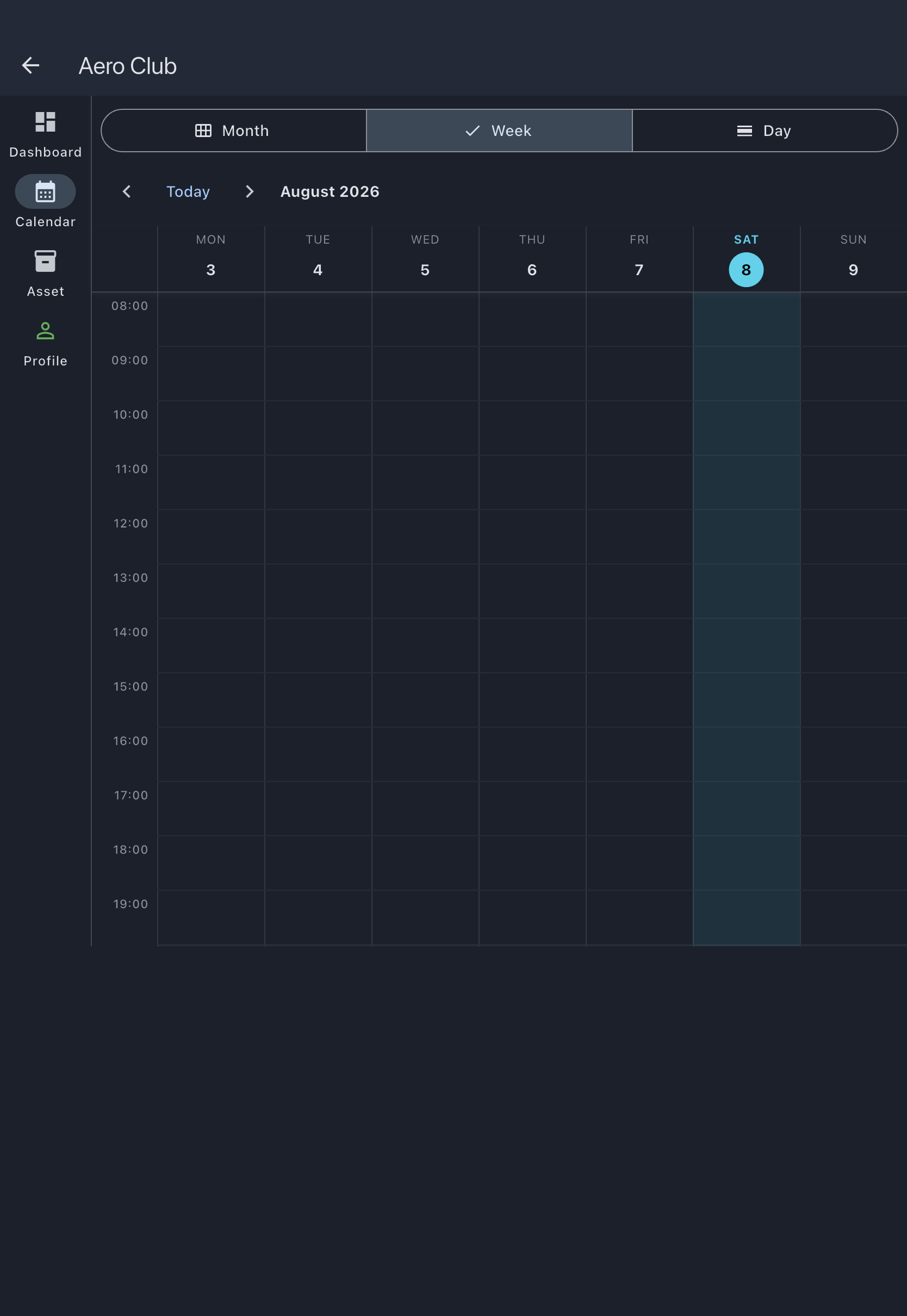 Calendar tab on the week view with no bookings yet