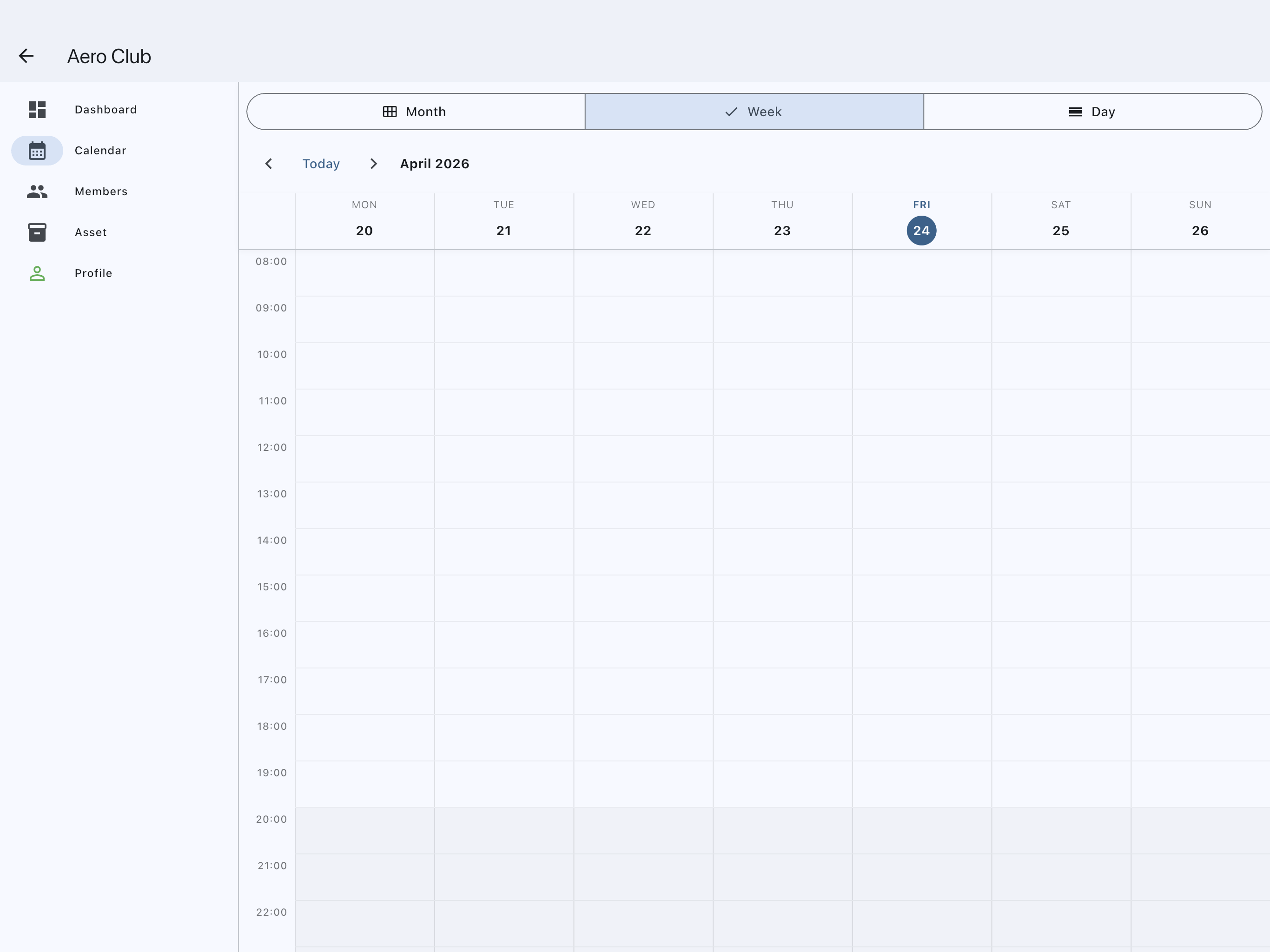 Calendar tab on the week view with no bookings yet