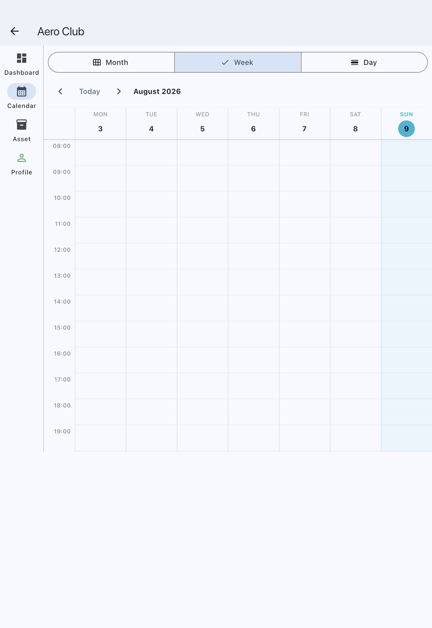 Calendar tab on the week view with no bookings yet