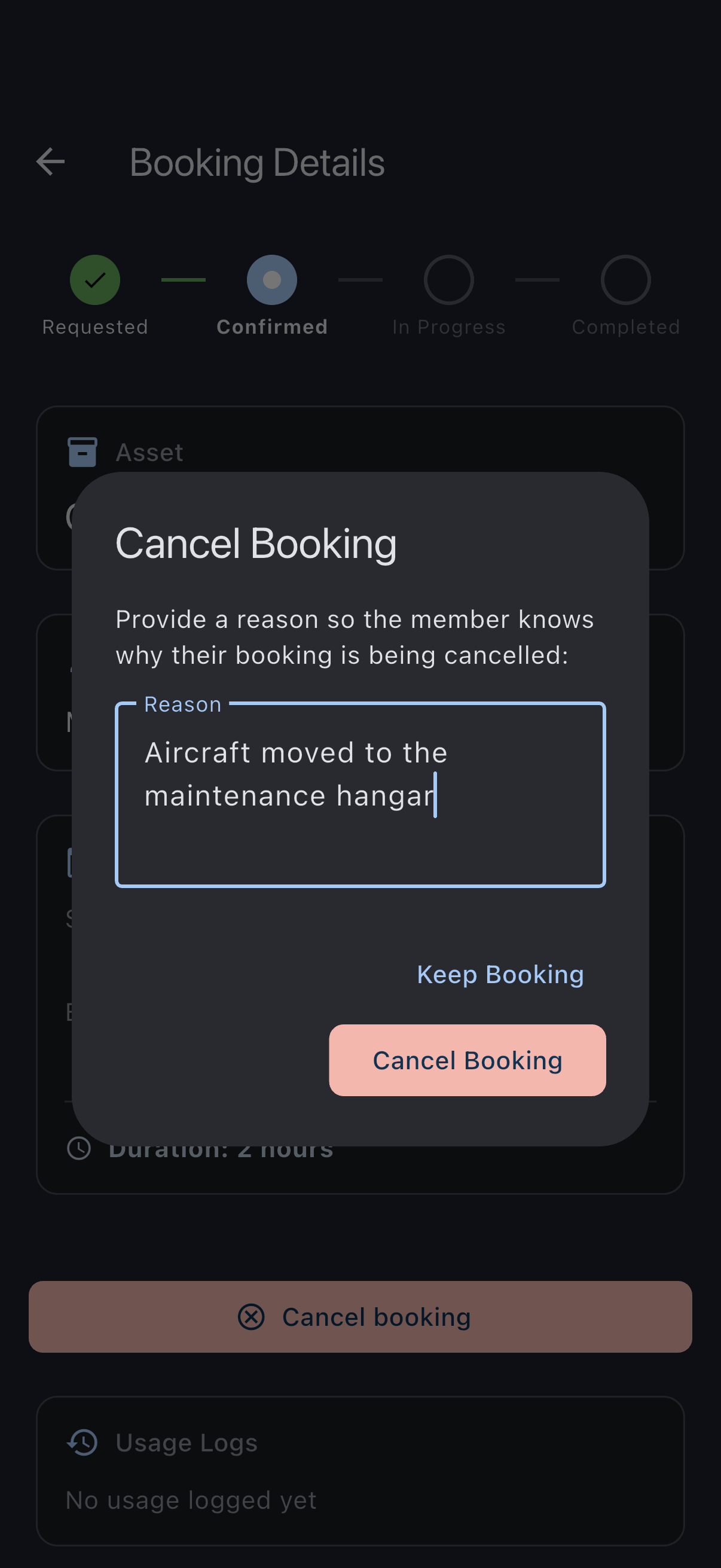 The admin cancel dialog with the Reason field filled in and the Cancel Booking and Keep Booking buttons