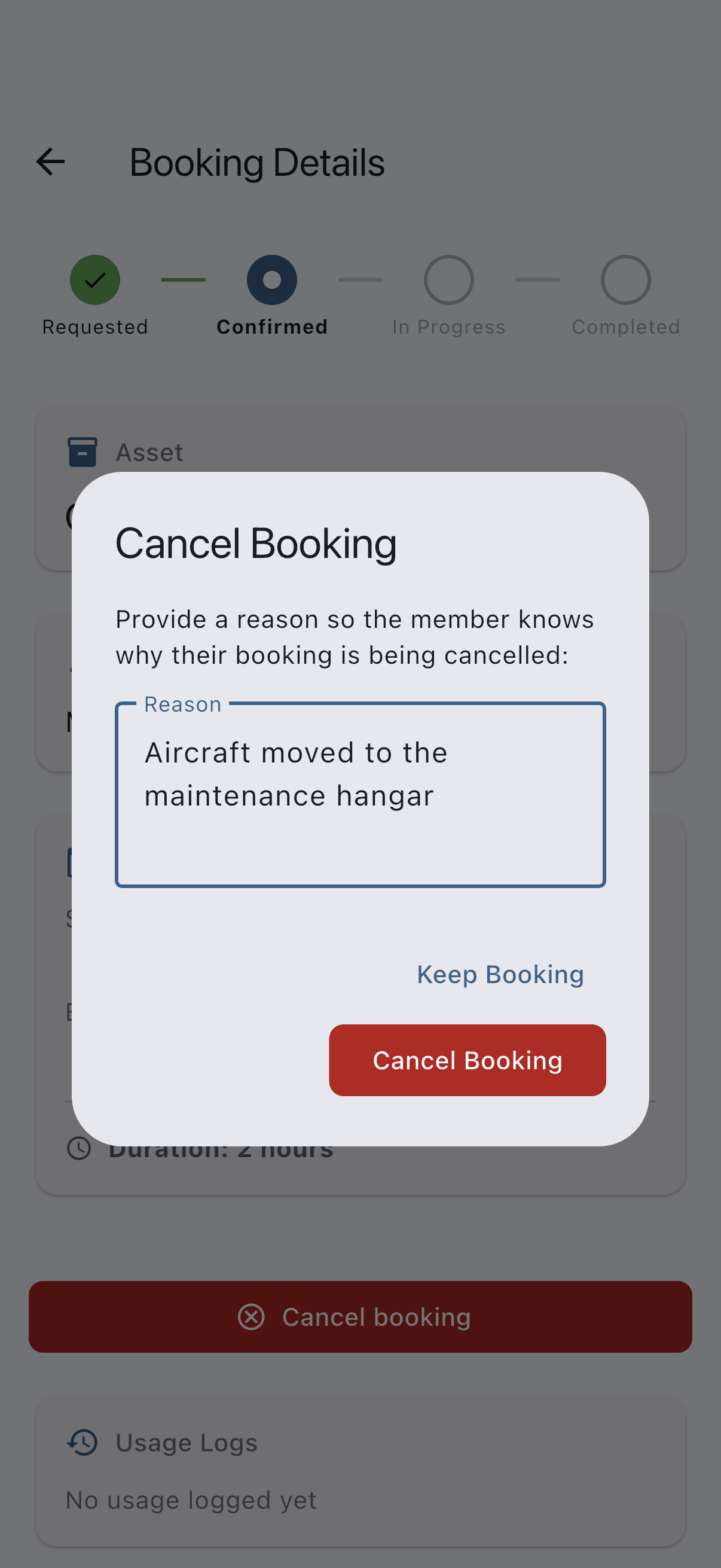 The admin cancel dialog with the Reason field filled in and the Cancel Booking and Keep Booking buttons