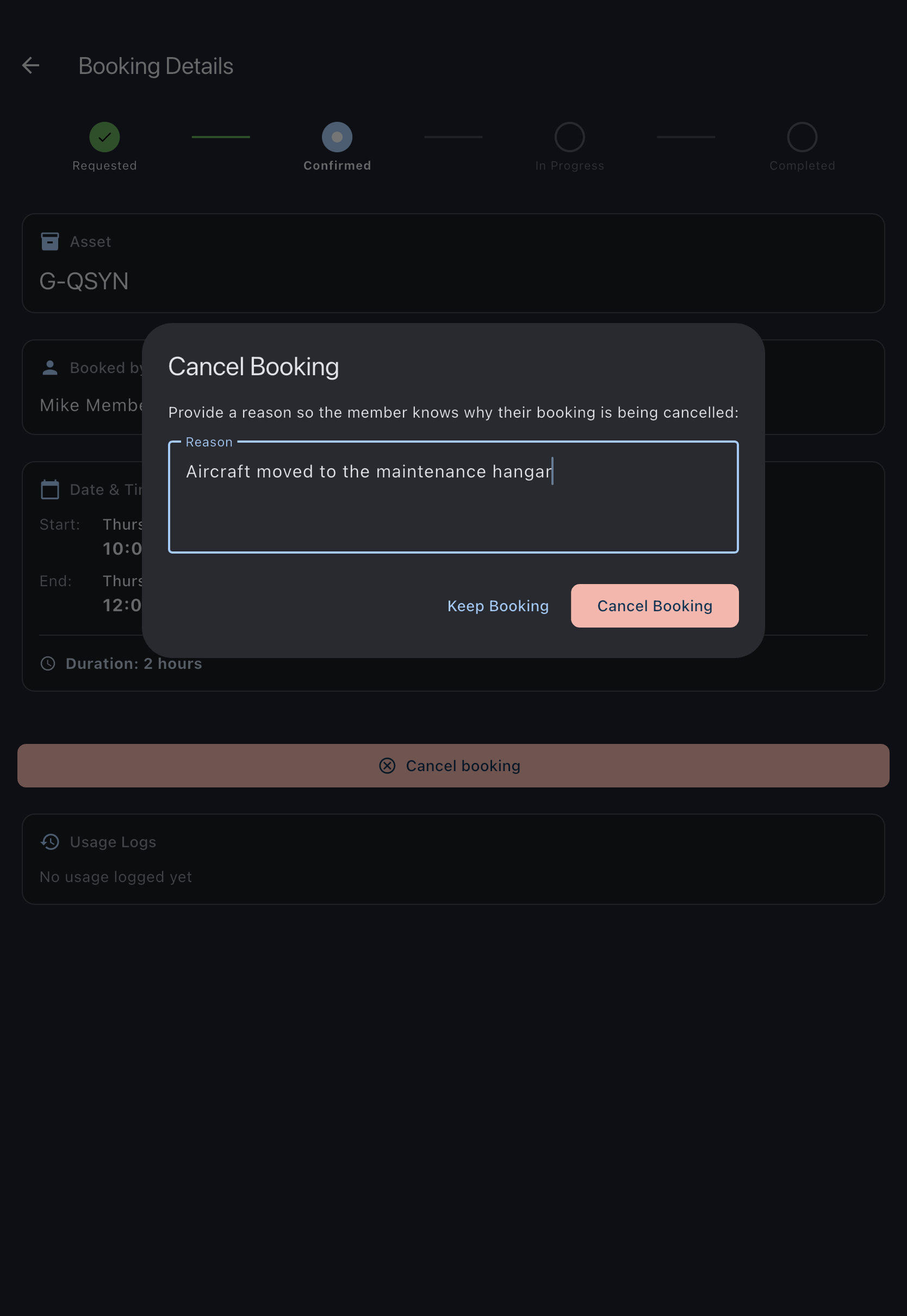 The admin cancel dialog with the Reason field filled in and the Cancel Booking and Keep Booking buttons